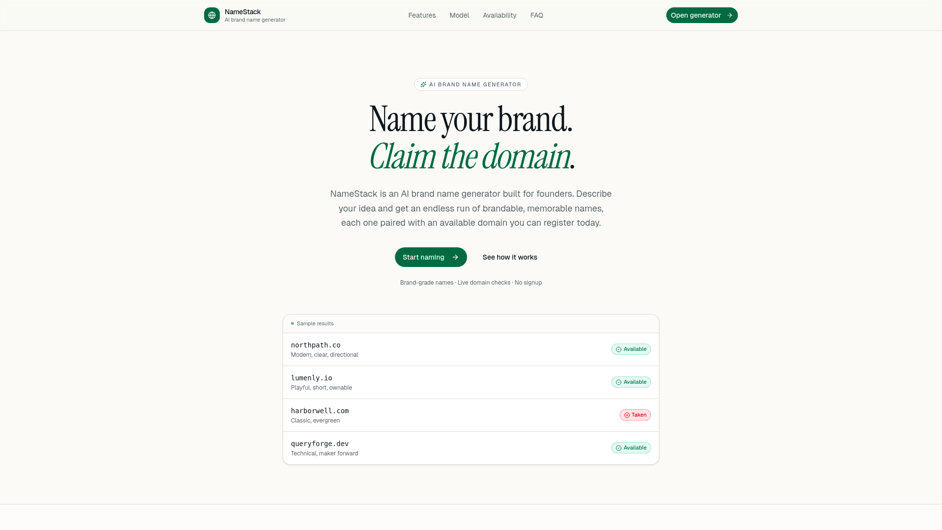 website screenshot of https://namestack.ai/