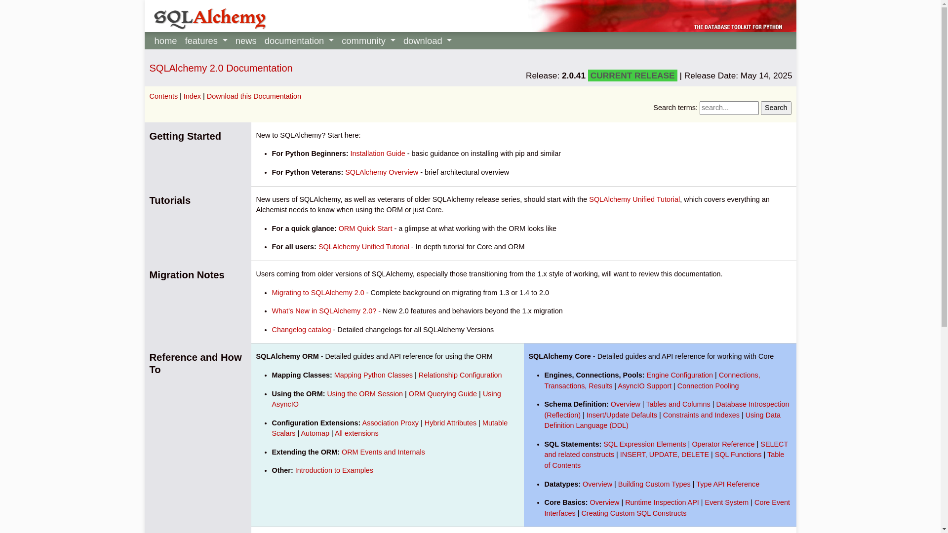 website screenshot of https://sqlalche.me/