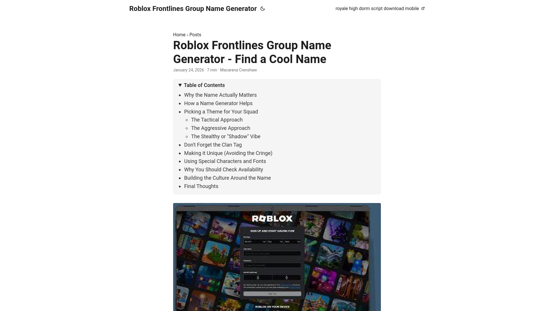 website screenshot of https://roblox-frontlines-group-name-generator.pages.dev/
