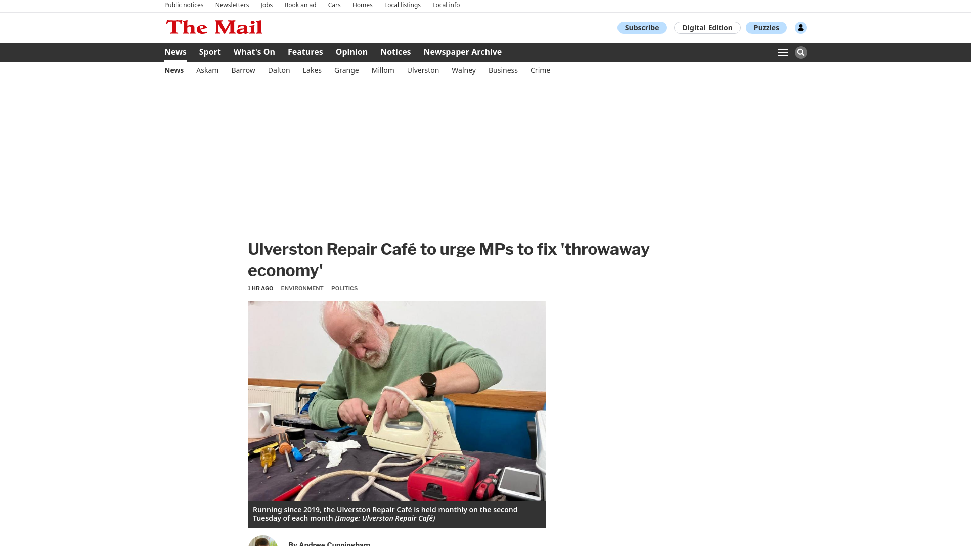 website screenshot of https://www.nwemail.co.uk/news/25960326.ulverston-repair-cafe-ask-mps-fix-throwaway-economy/