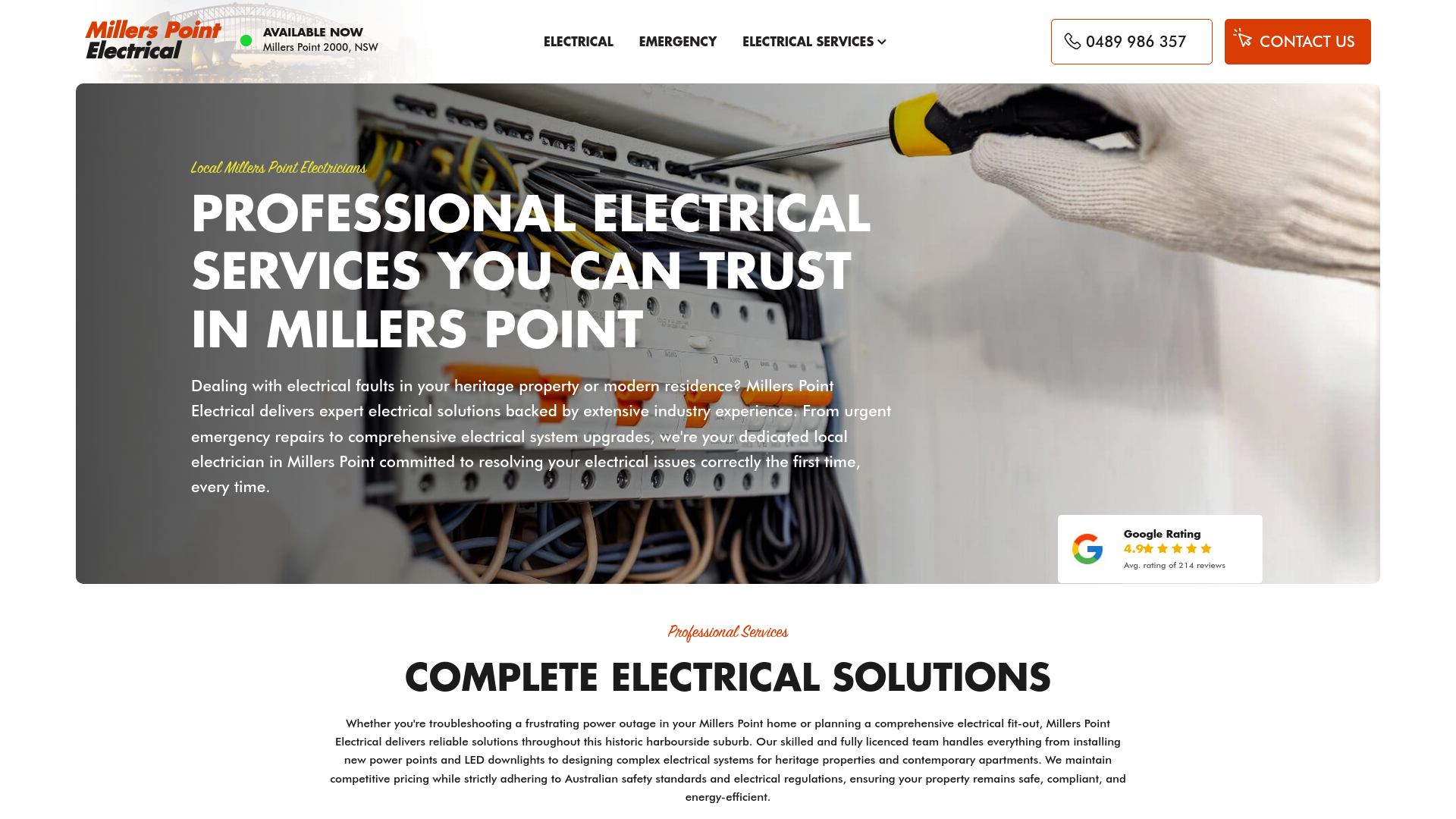 website screenshot of https://millerspointelectrical.com.au