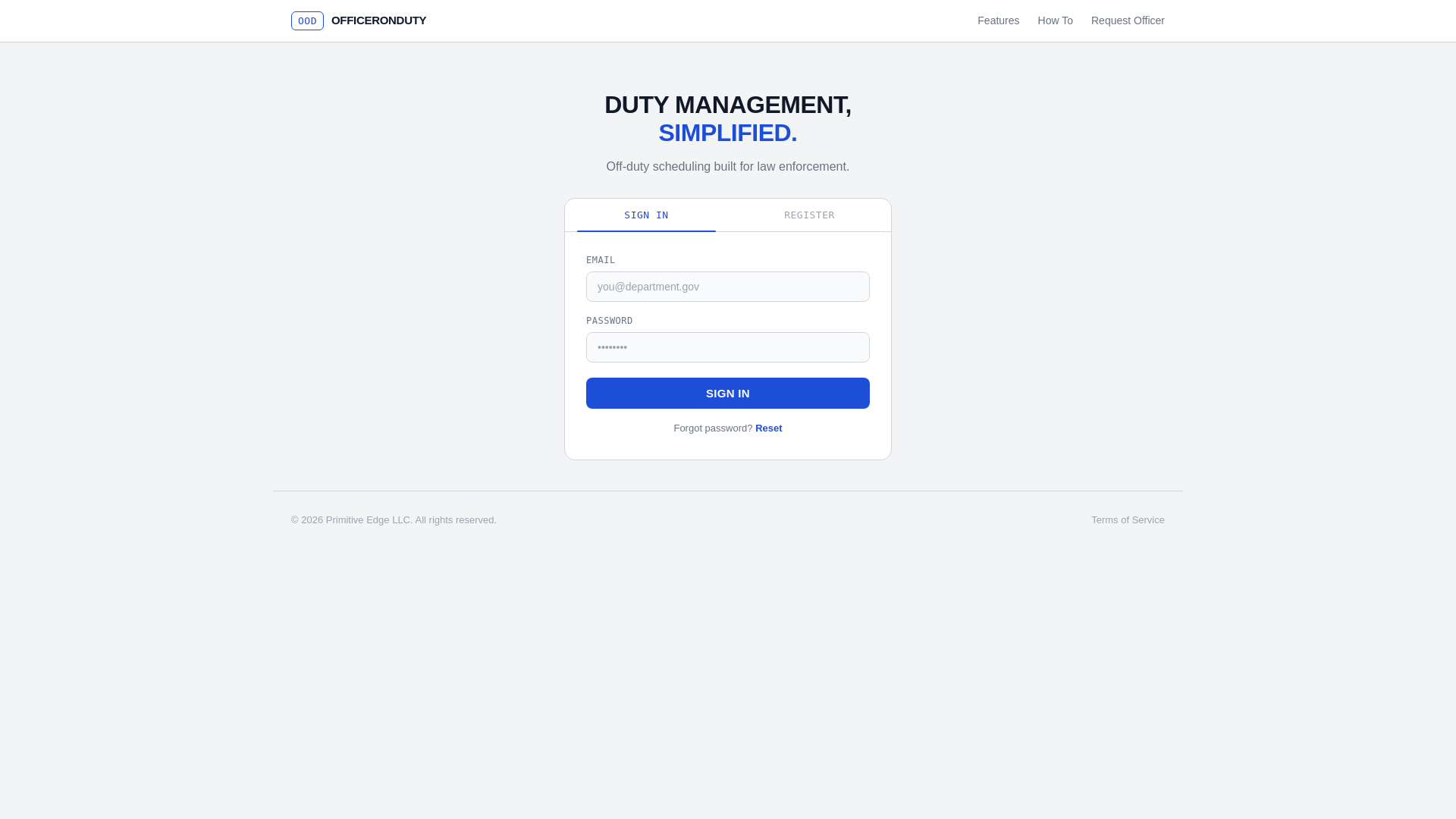 website screenshot of https://officeronduty.net/