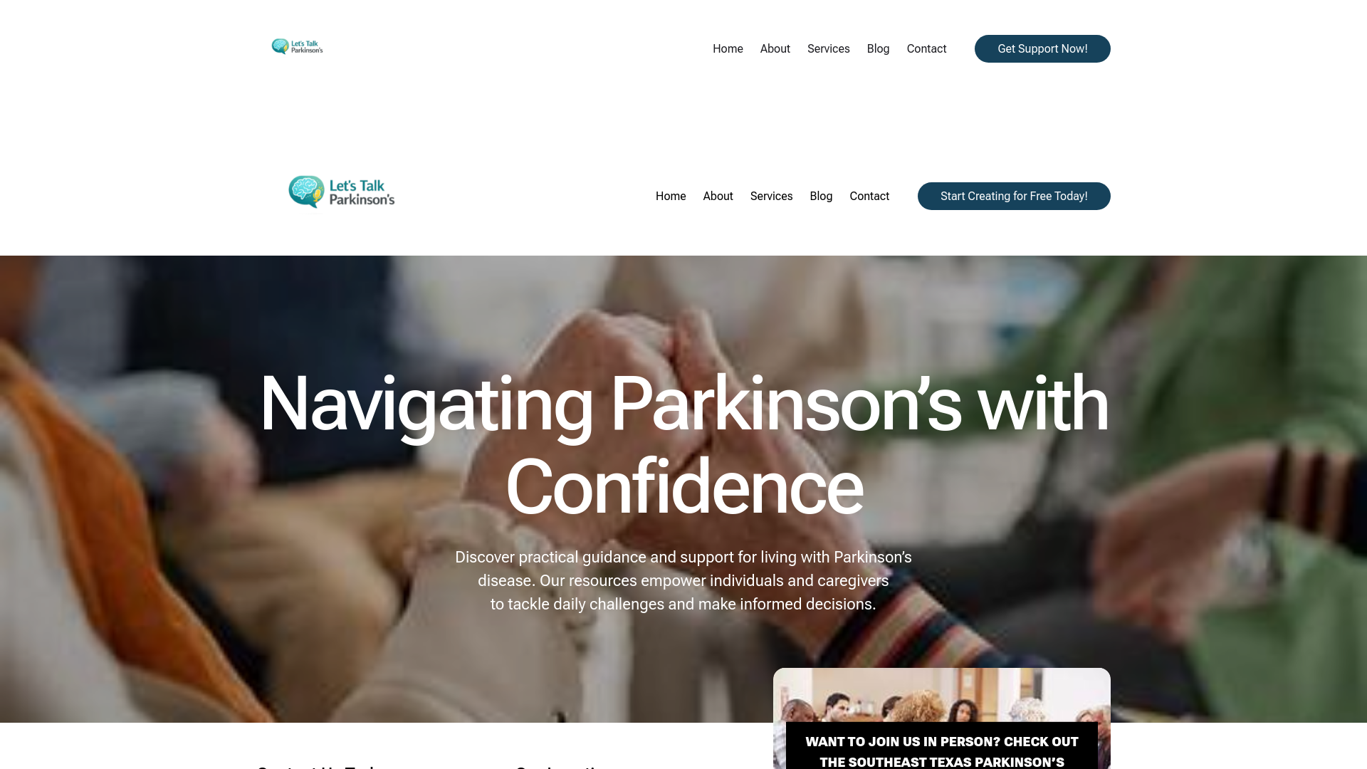 website screenshot of https://letstalkparkinsons.com/