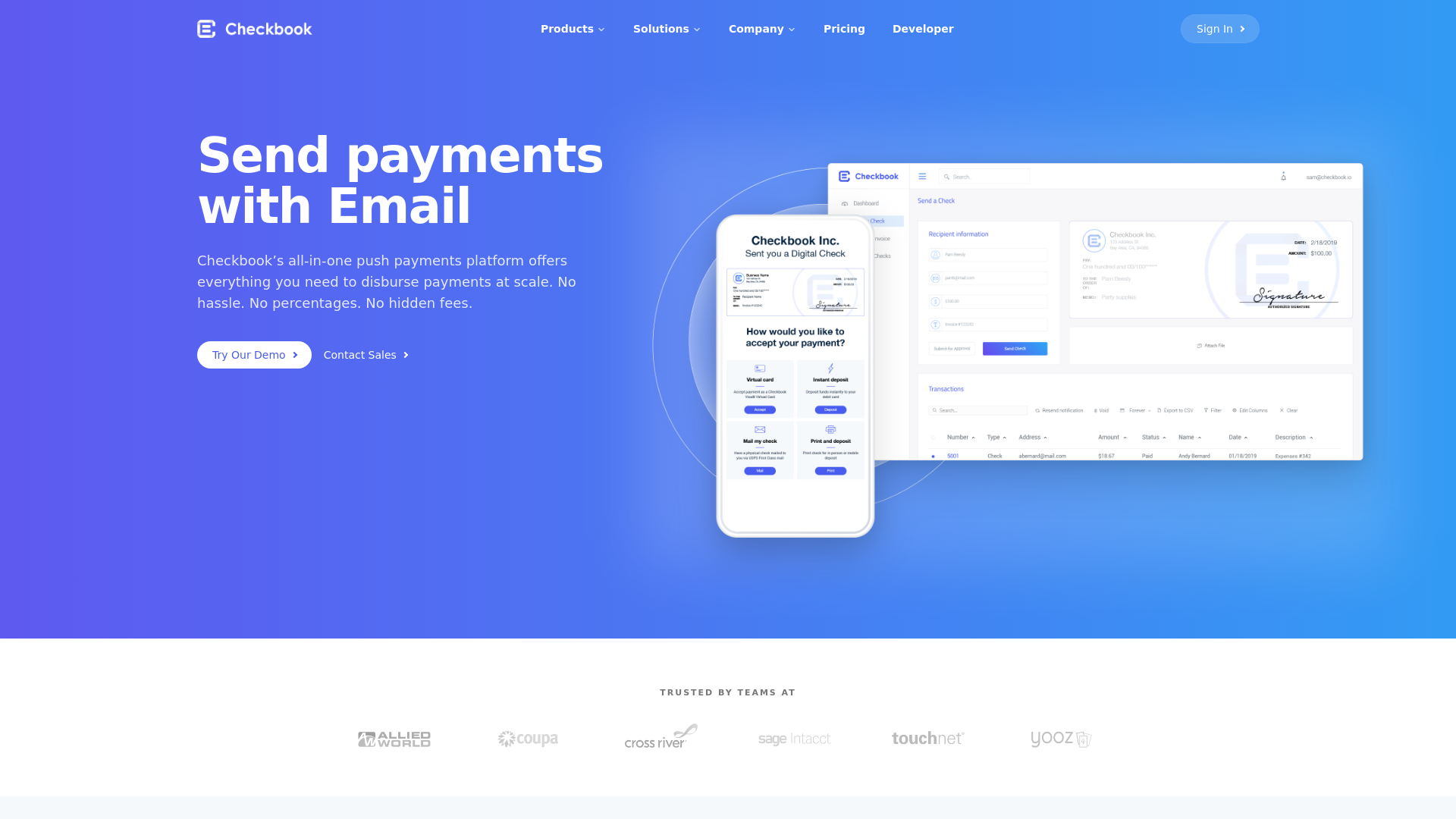 website screenshot of https://checkbook.io/
