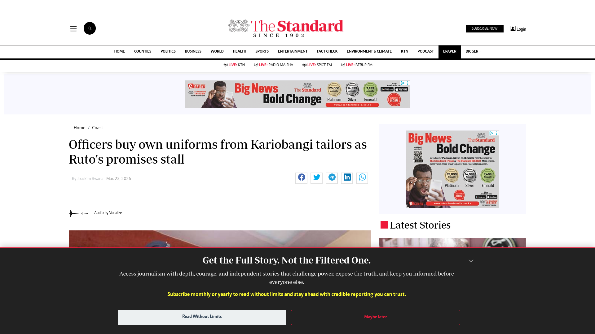 website screenshot of https://www.standardmedia.co.ke/coast/article/2001543663/officers-buy-own-uniforms-from-kariobangi-tailors-as-rutos-promises-stall
