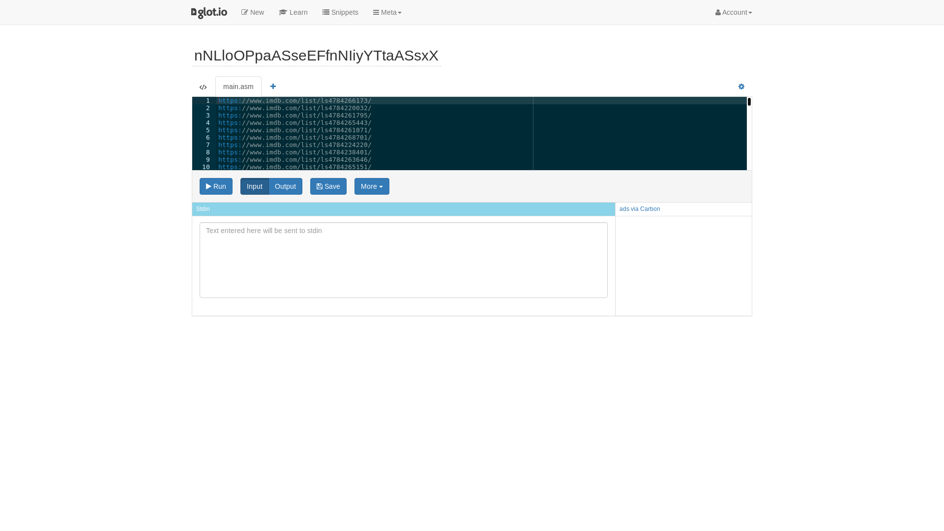 website screenshot of https://glot.io/snippets/h9b2pn3d80
