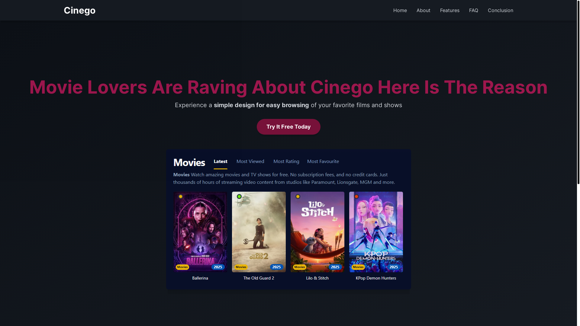 website screenshot of https://cinego-xv0o.pages.dev/