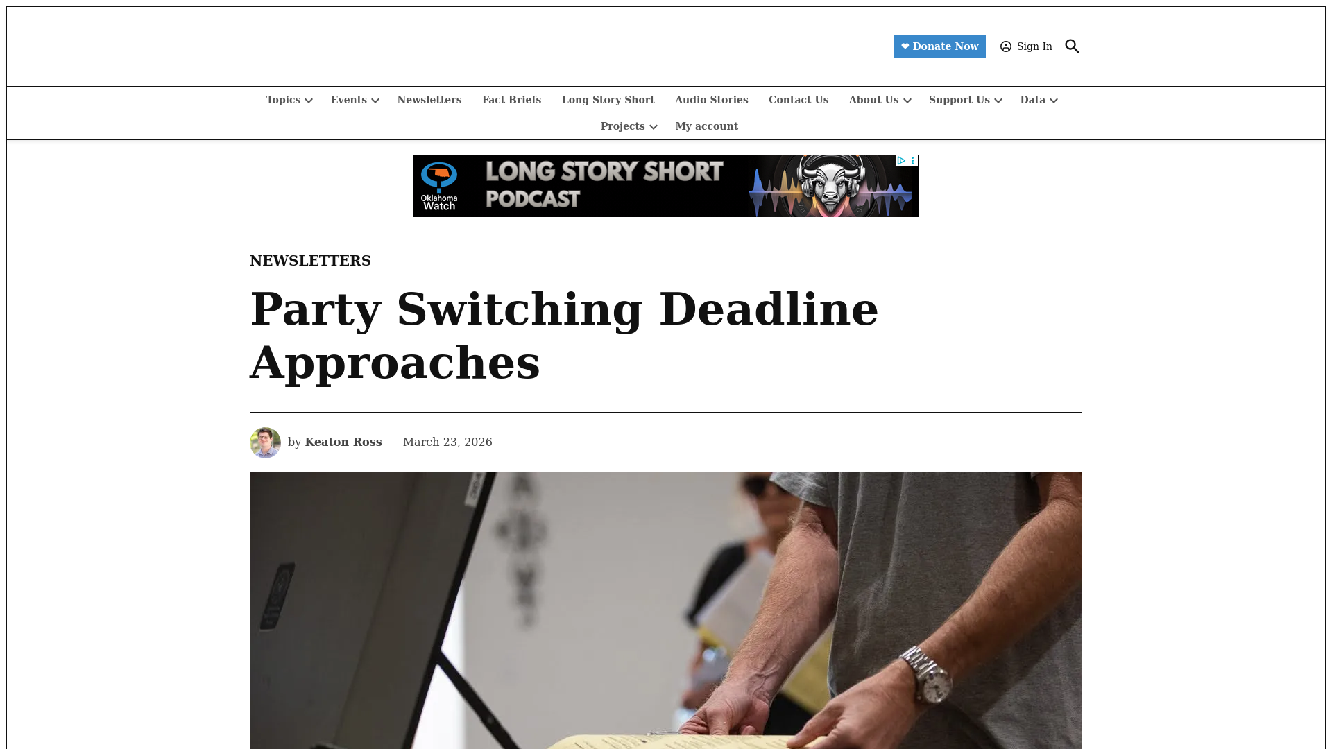 website screenshot of https://oklahomawatch.org/newsletter/party-switching-deadline-approaches/