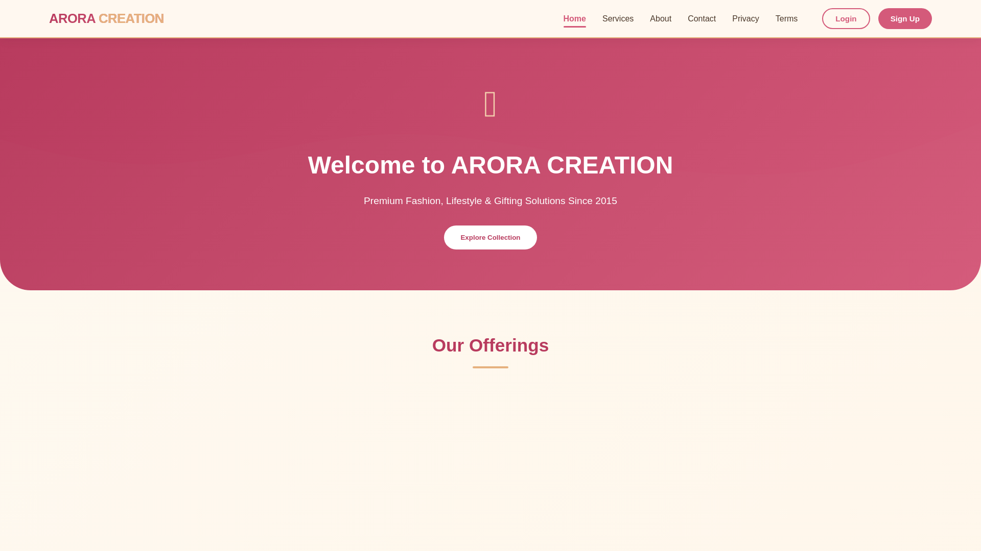 website screenshot of https://aroracreation.online/