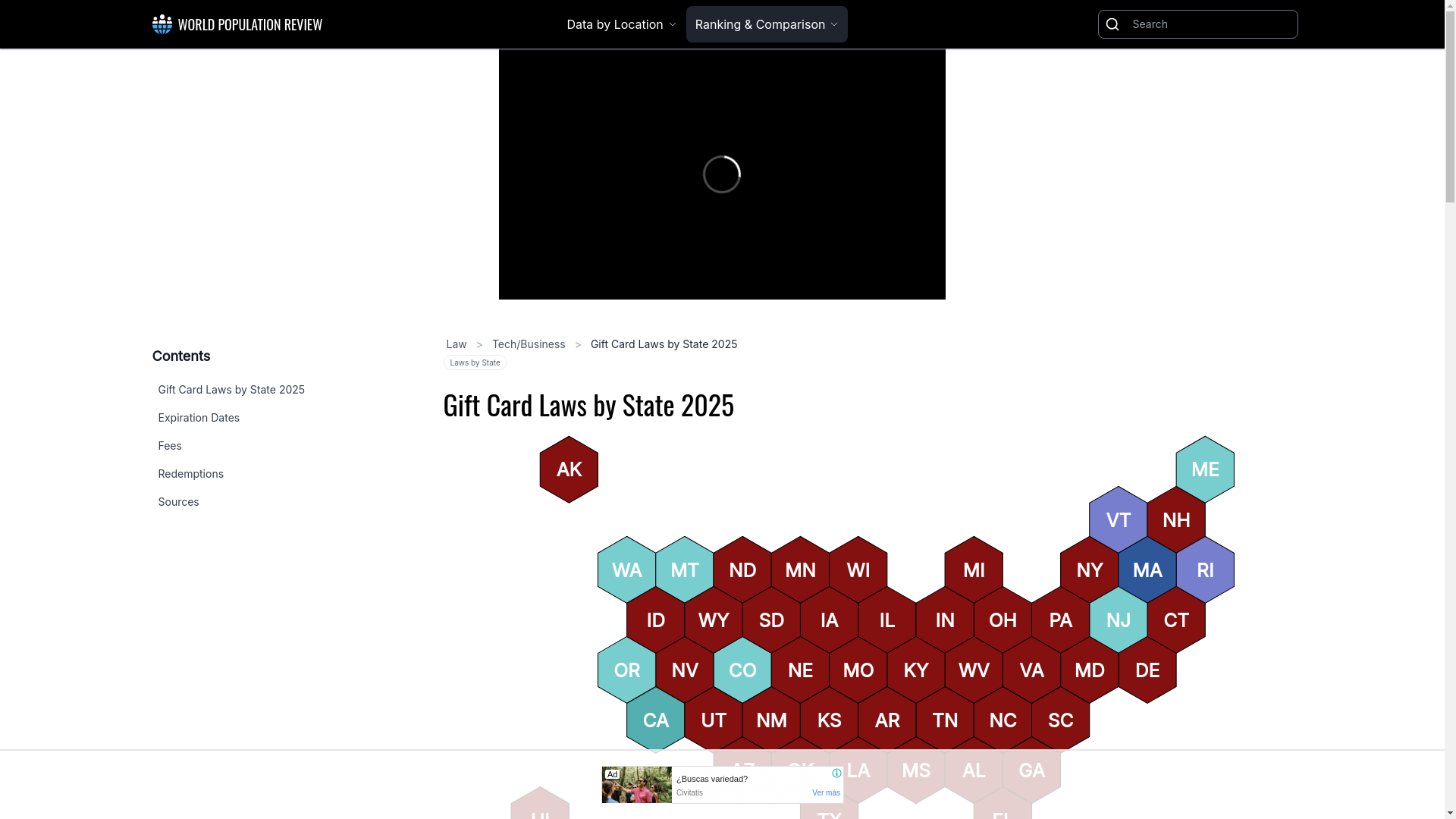 website screenshot of https://worldpopulationreview.com/state-rankings/gift-card-laws-by-state