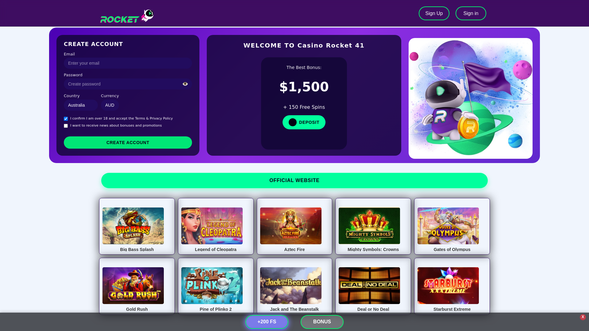 website screenshot of https://rocket41.casino/