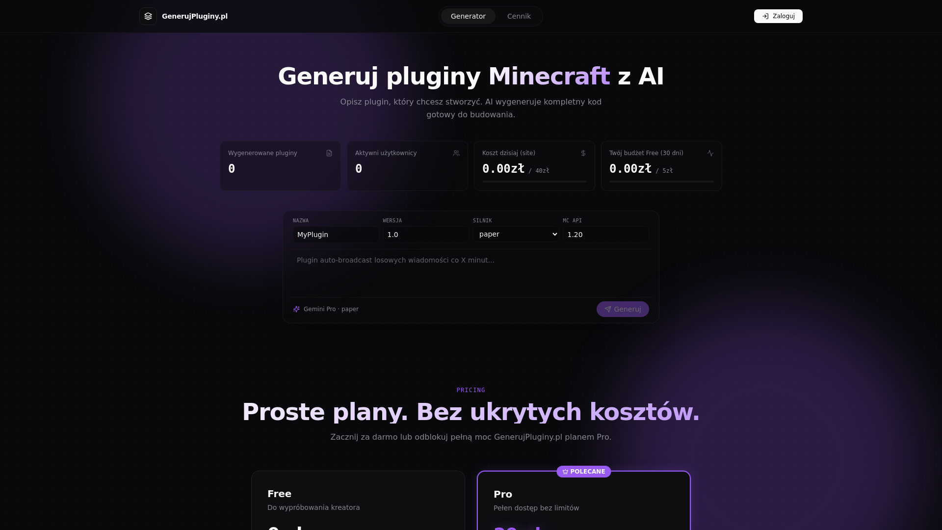 website screenshot of https://generujpluginy.pl/