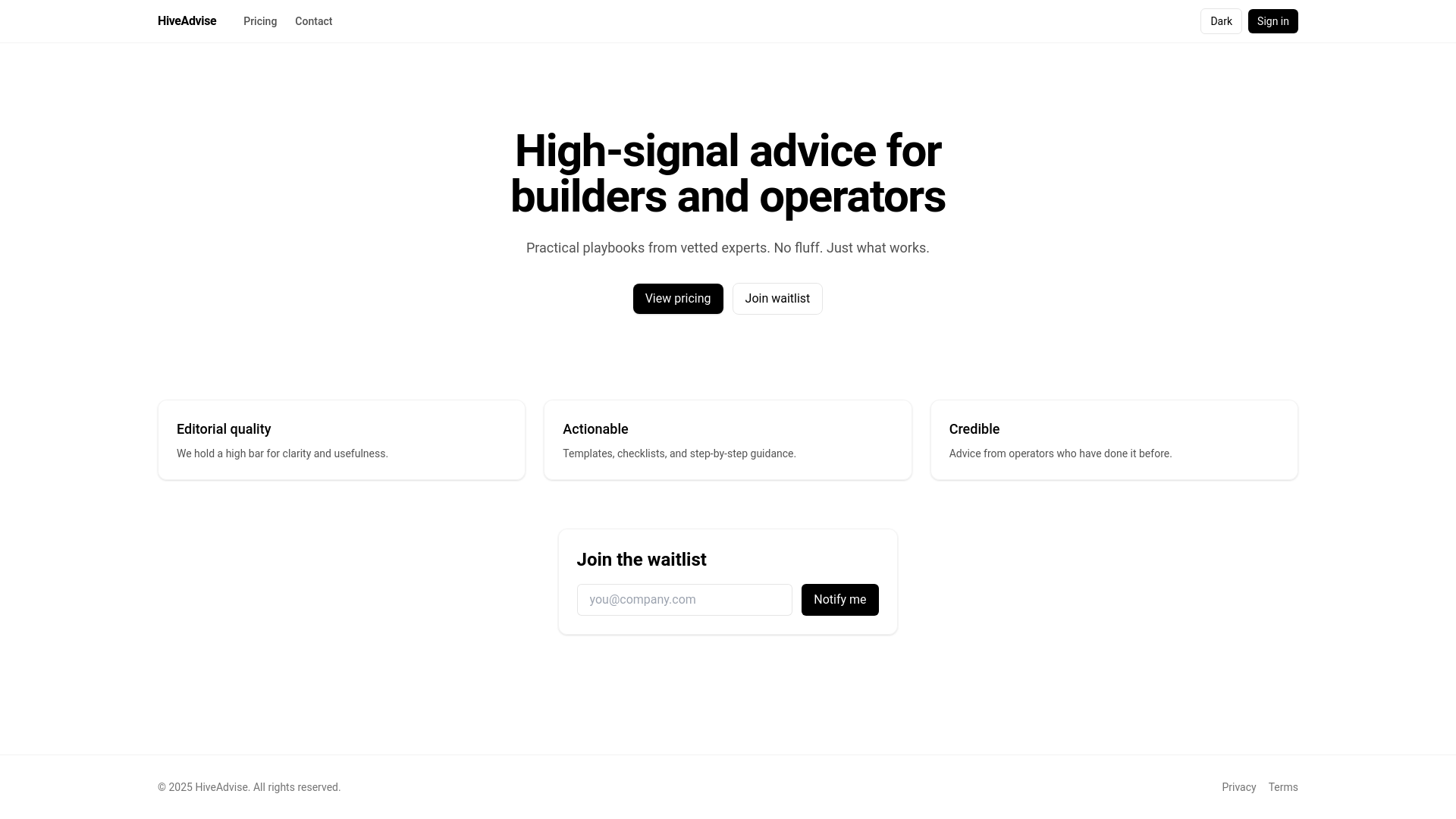 website screenshot of https://hiveadvise.com/