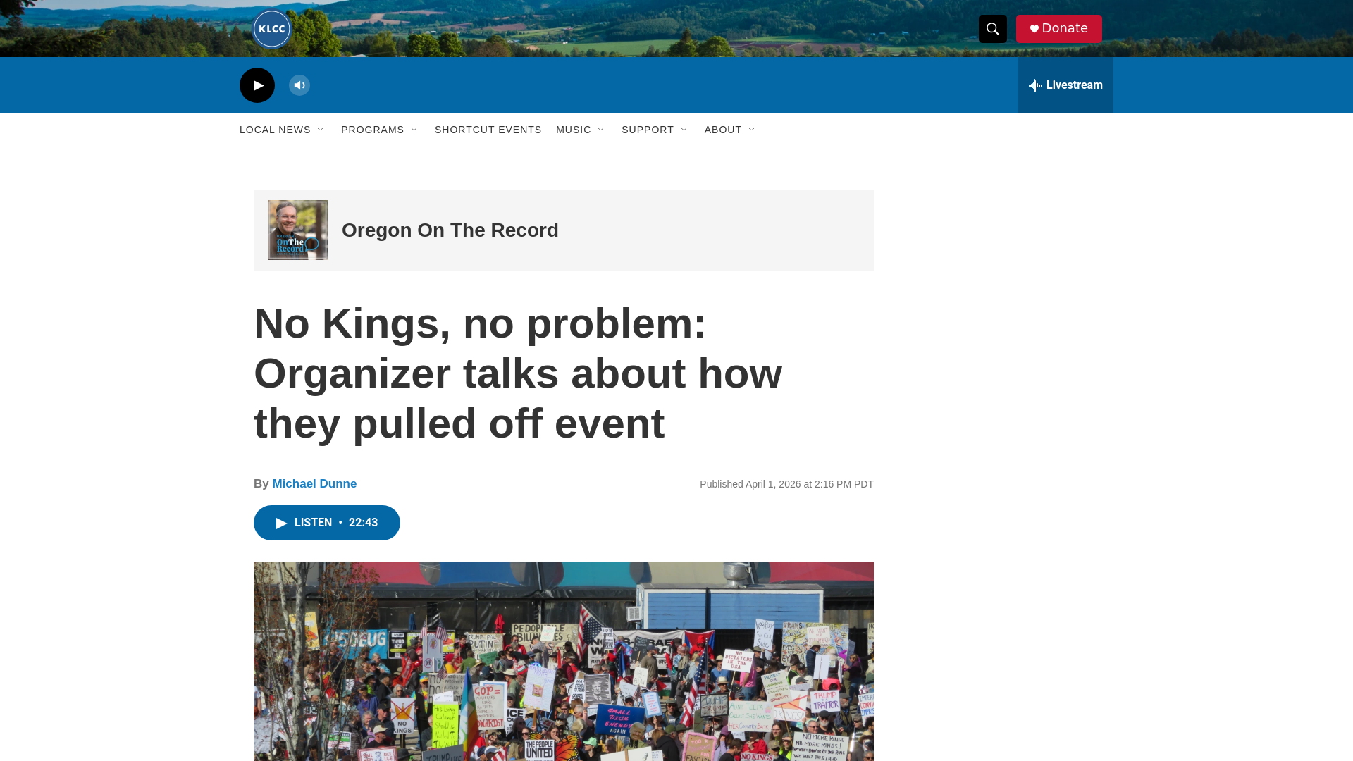 website screenshot of https://www.klcc.org/podcast/oregon-on-the-record/2026-04-01/no-kings-no-problem-organizer-talks-about-how-they-pulled-off-event