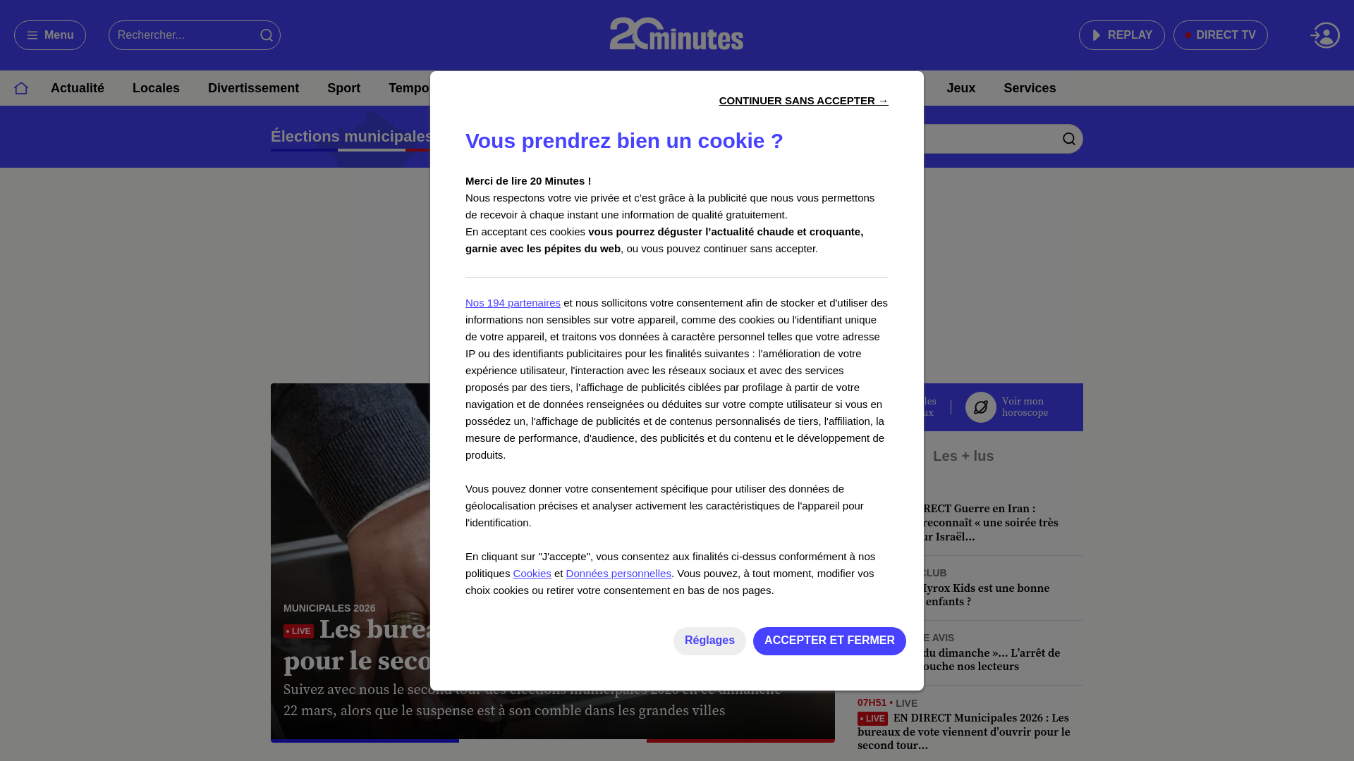 website screenshot of https://www.20minutes.fr