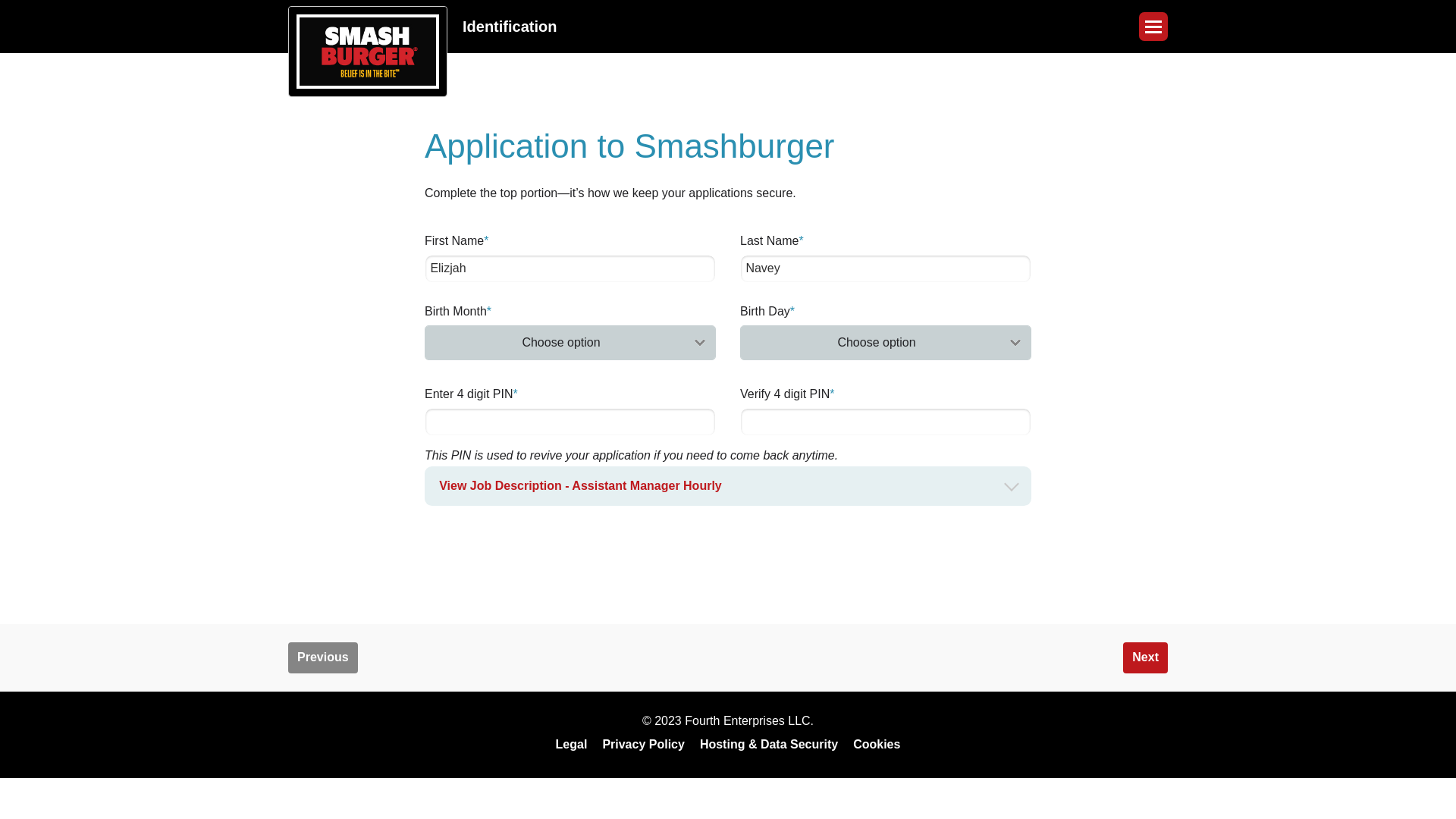 website screenshot of https://my.peoplematter.com/mja/BeBurgersLLC/JobApp/Identification?alias=BeBurgersLLC&JobOpenings=31e199ae-9716-43a0-9bdd-b2e200eecda1&jappId=2eb19288-1a41-4e10-b6e7-b412013b7fc7