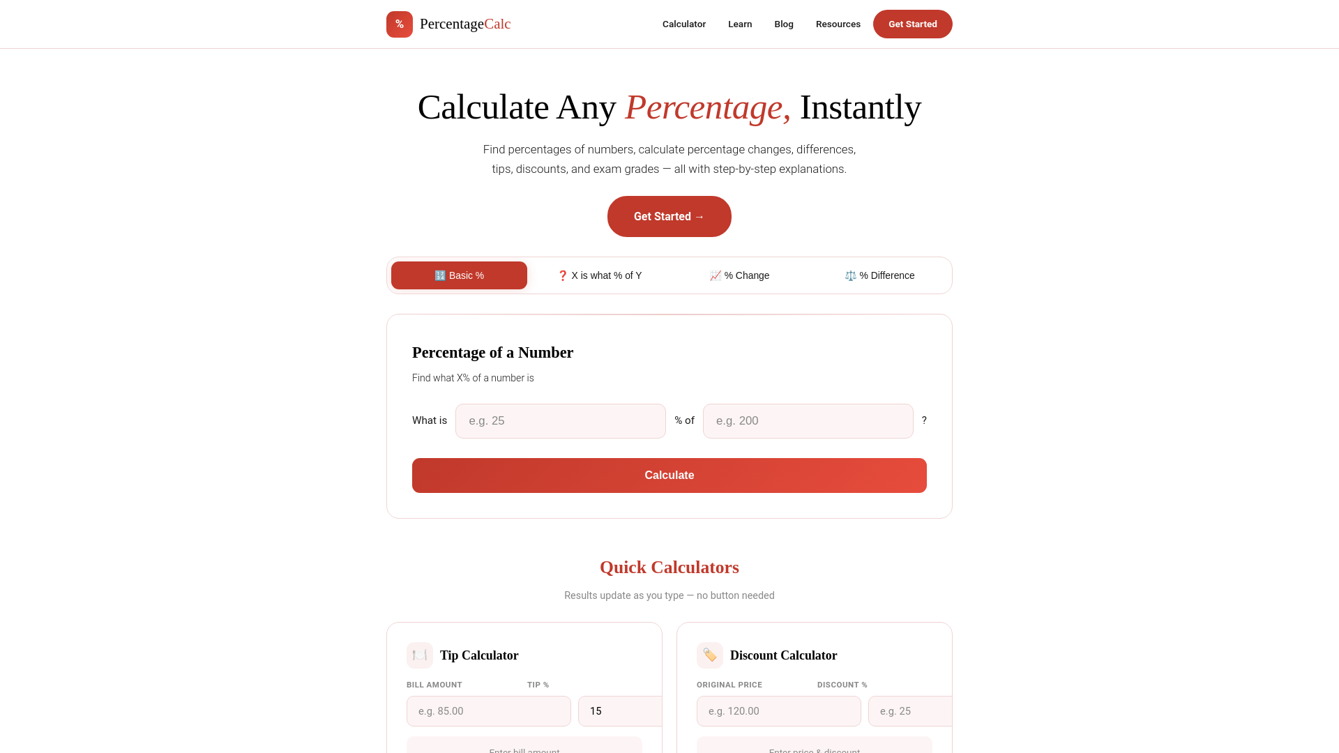 website screenshot of https://percentagecalc.me