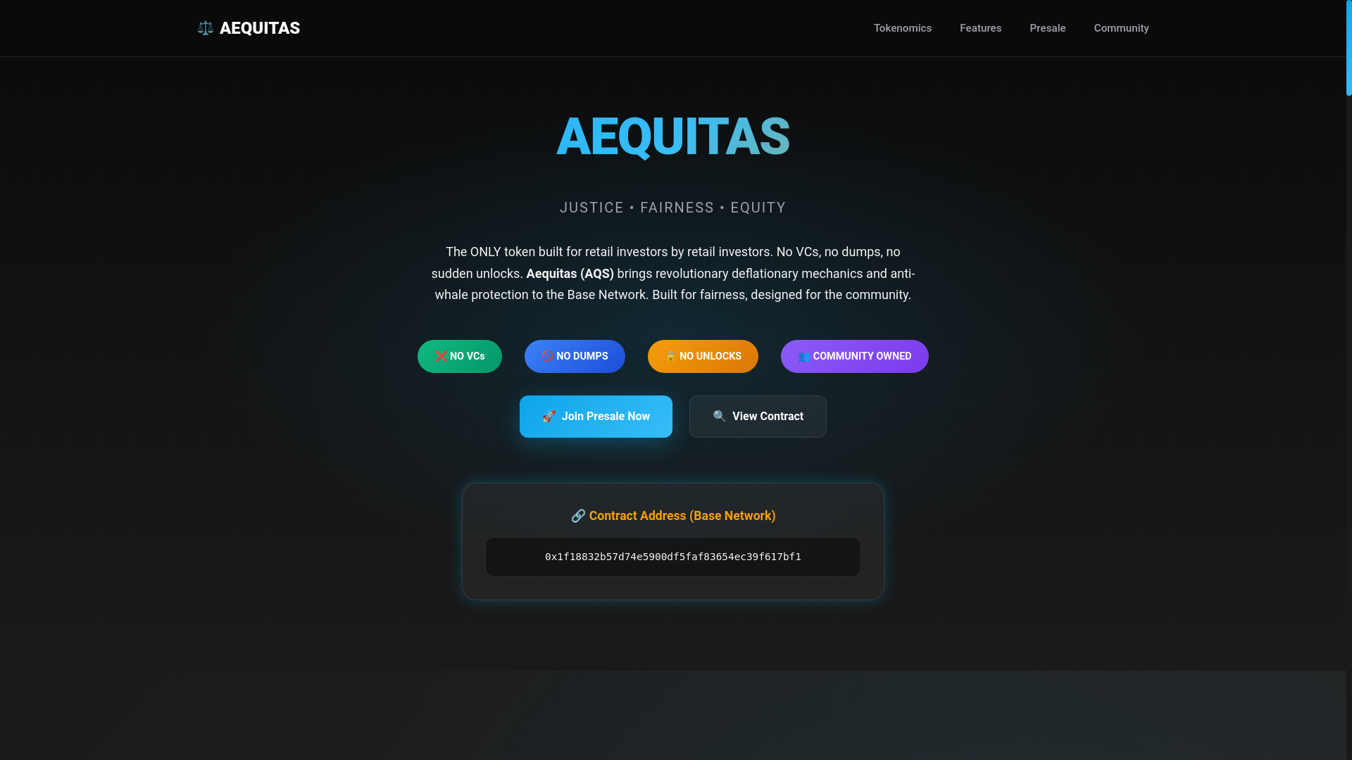 website screenshot of https://aequitastoken.xyz/