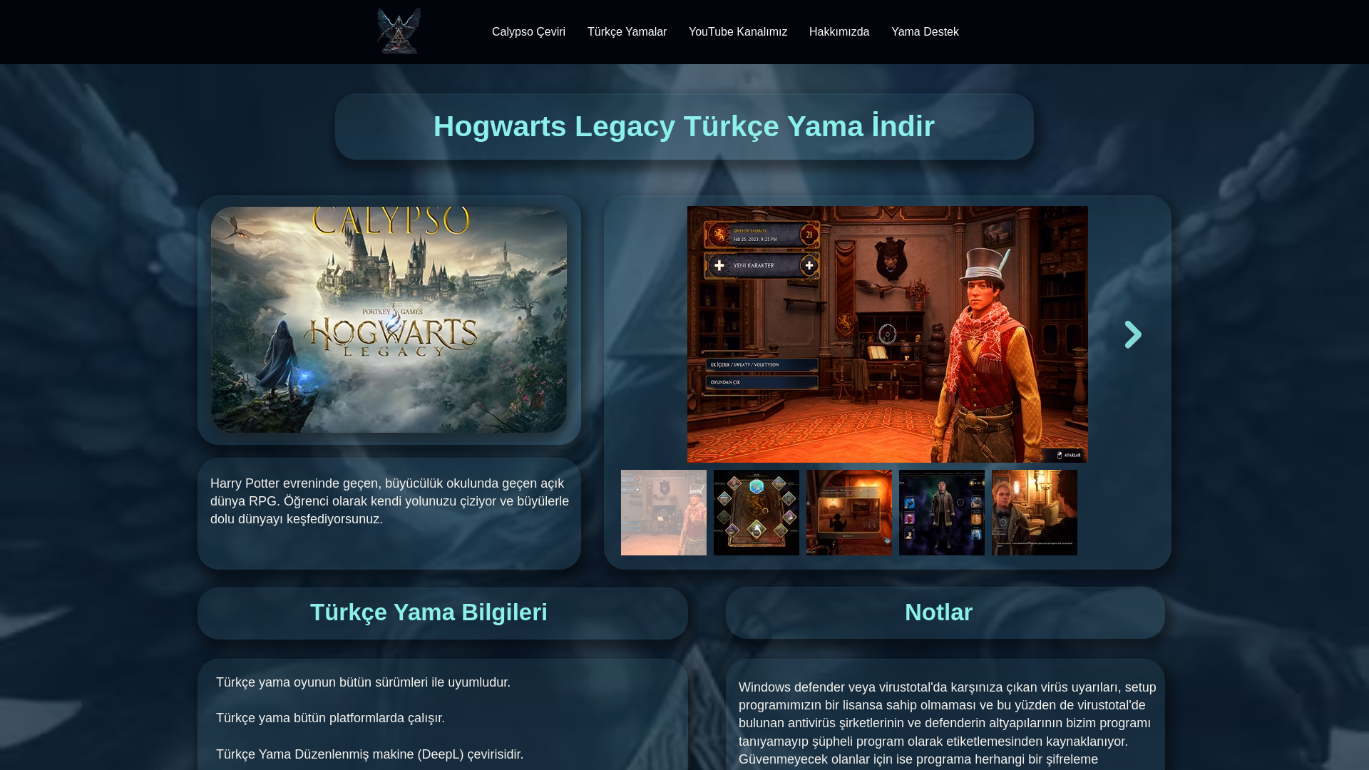 website screenshot of https://www.calypsoceviri.com/turkce-yamalar/hogwarts-legacy-turkce-yama-indir