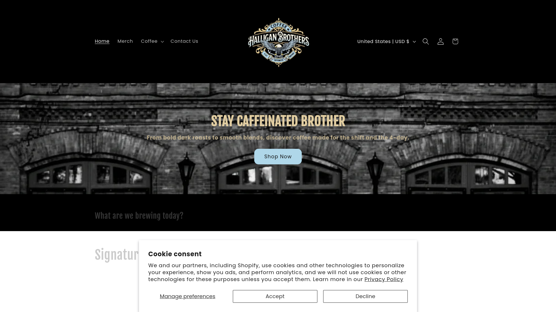 website screenshot of https://halliganbrotherscoffee.com/