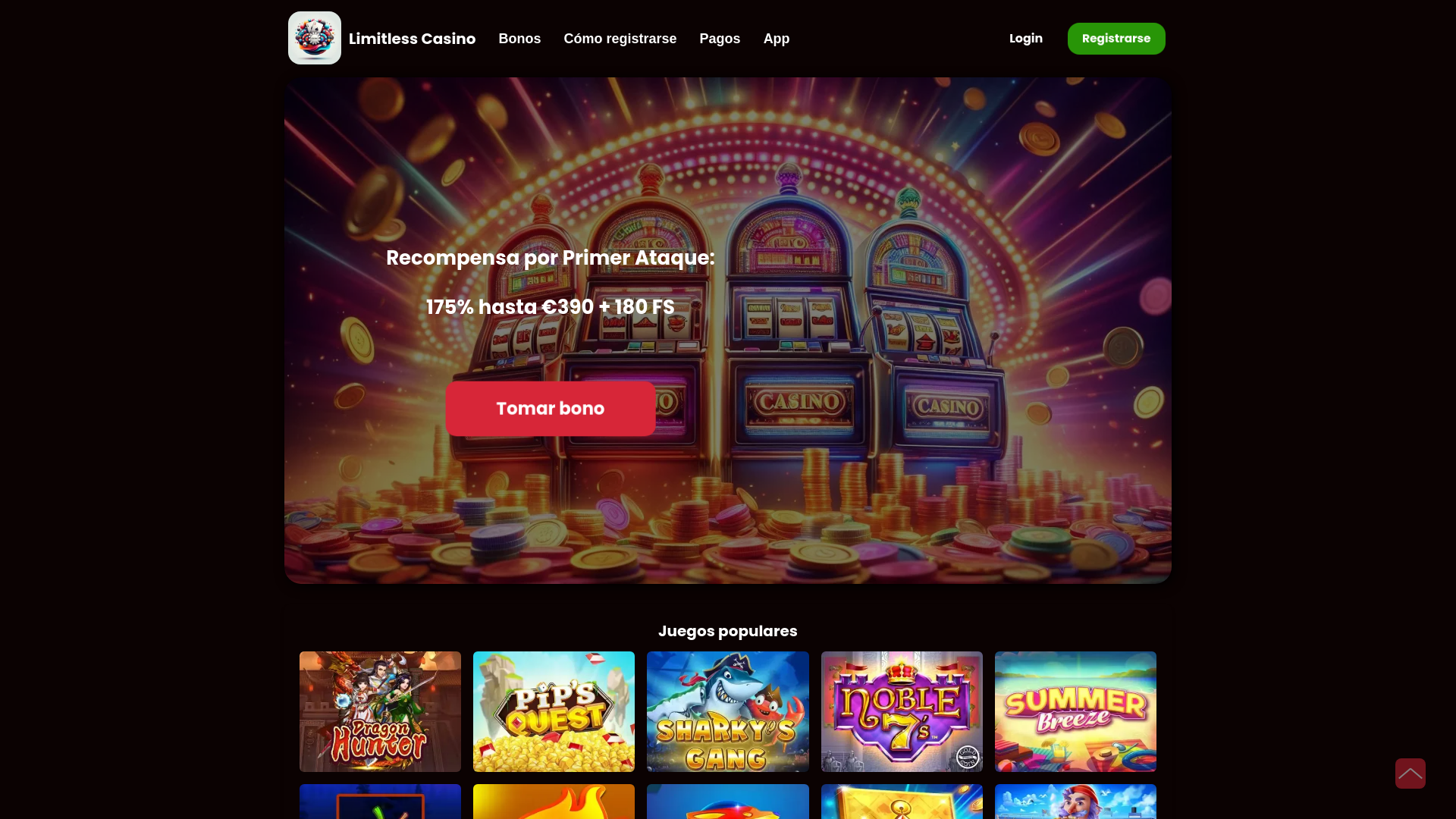 website screenshot of https://limitlesscasino.com.es
