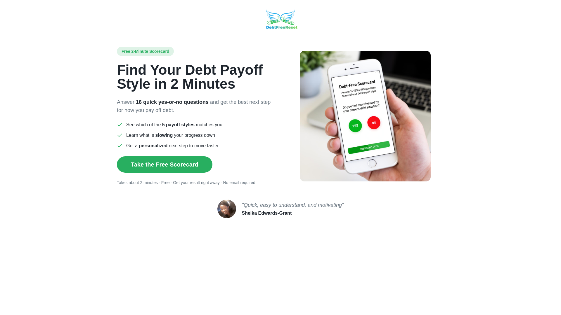 website screenshot of https://debtfreeresetvalue.com
