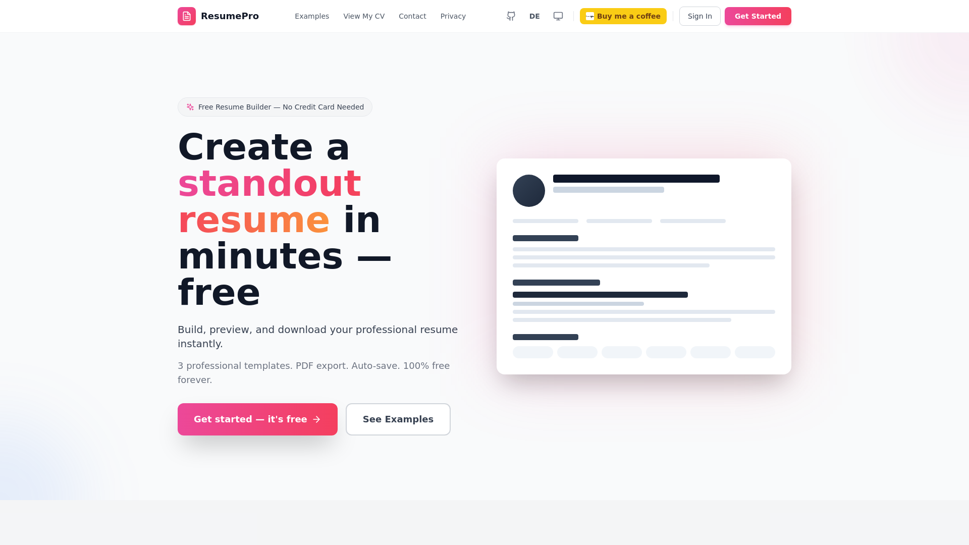 website screenshot of https://resumeprobuilder.de