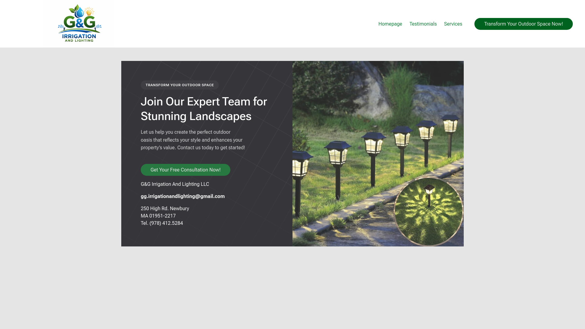 website screenshot of https://ggirrigationandlighting.com/