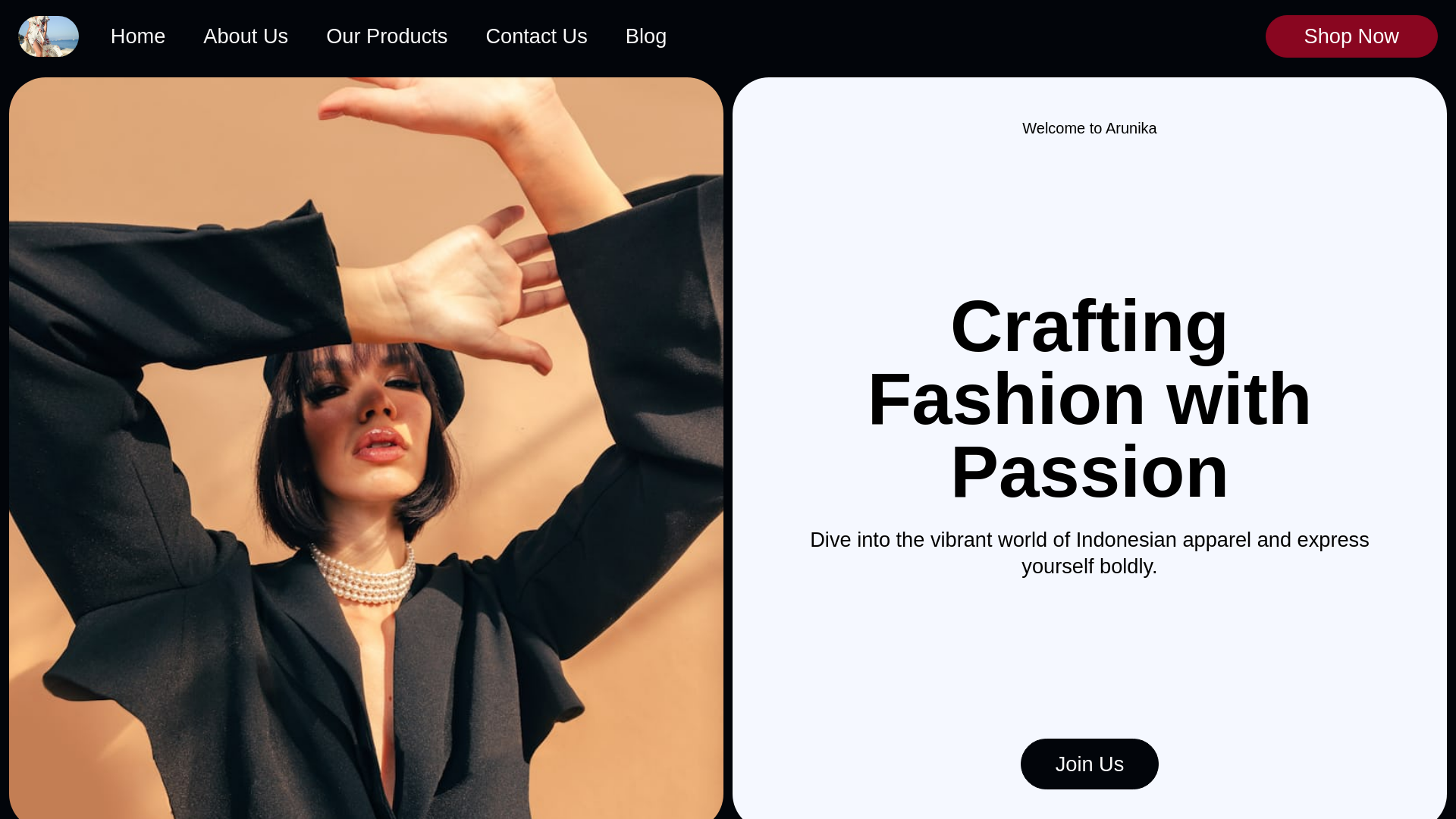 website screenshot of https://arunikaapparel.shop/
