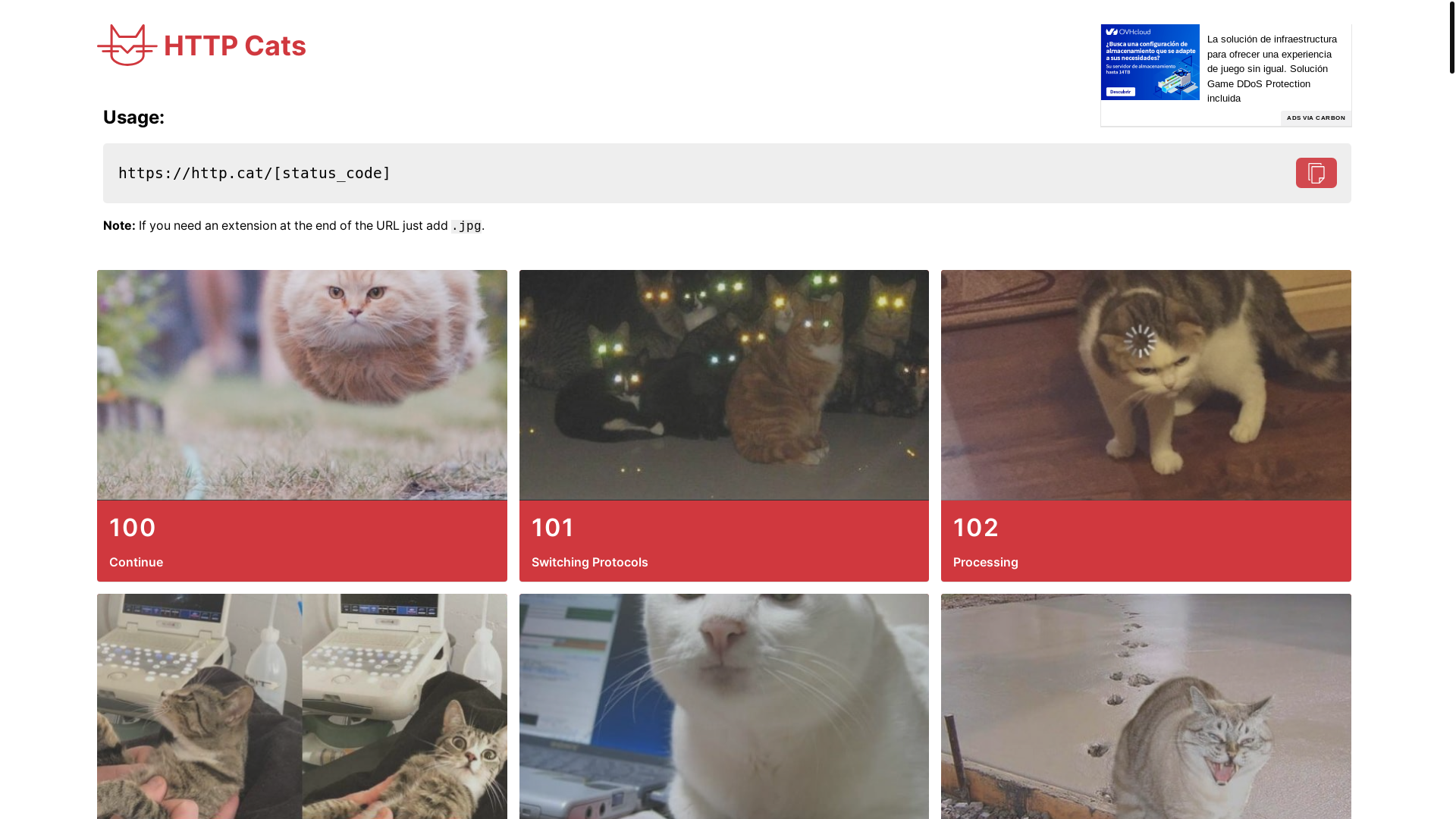 website screenshot of https://http.cat/