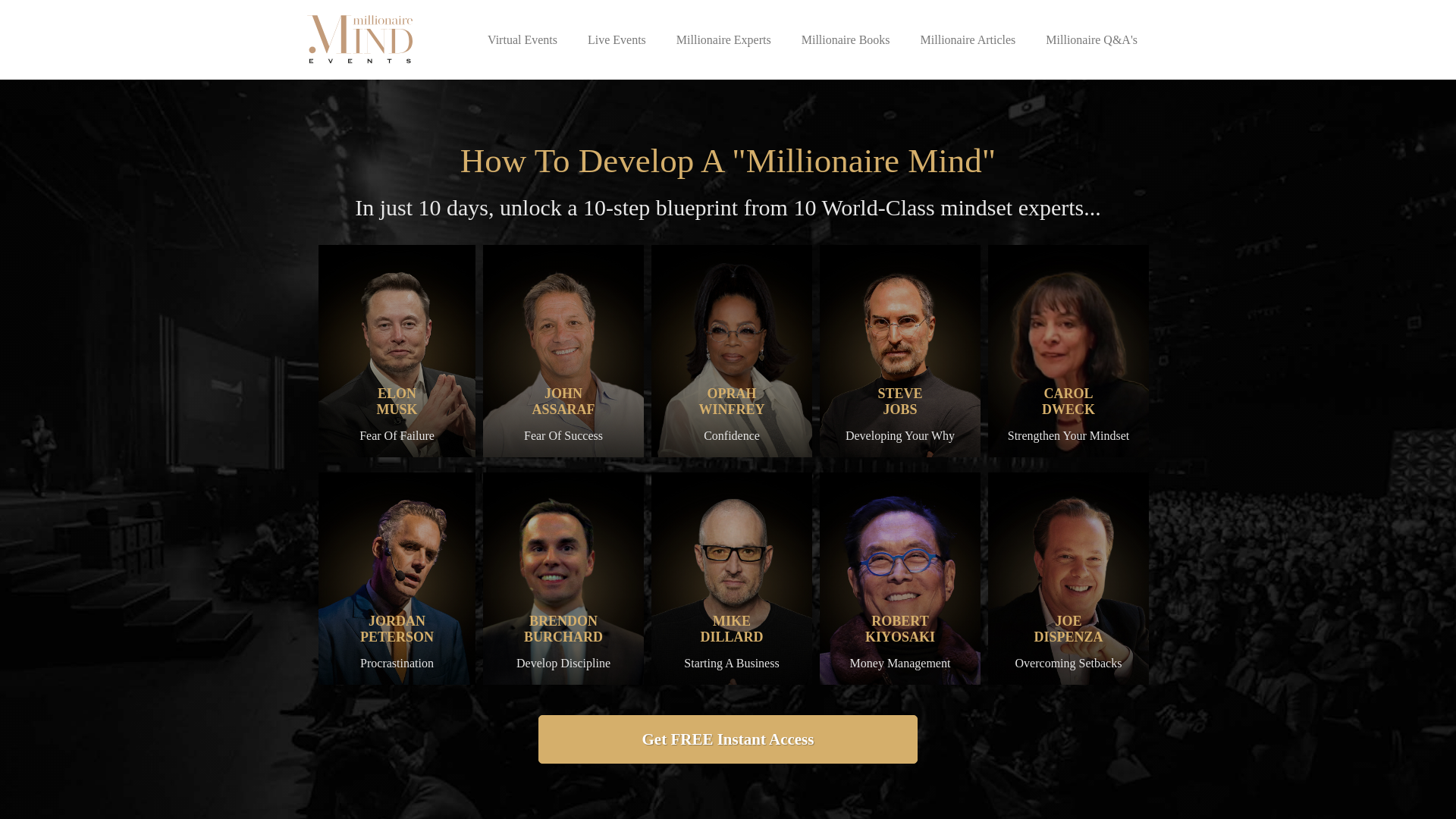 website screenshot of https://millionairemindevents.com