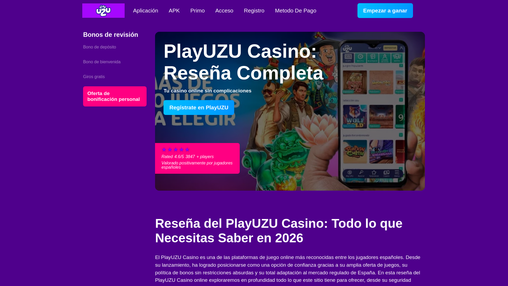 website screenshot of https://playuzu-casino-espana.com/
