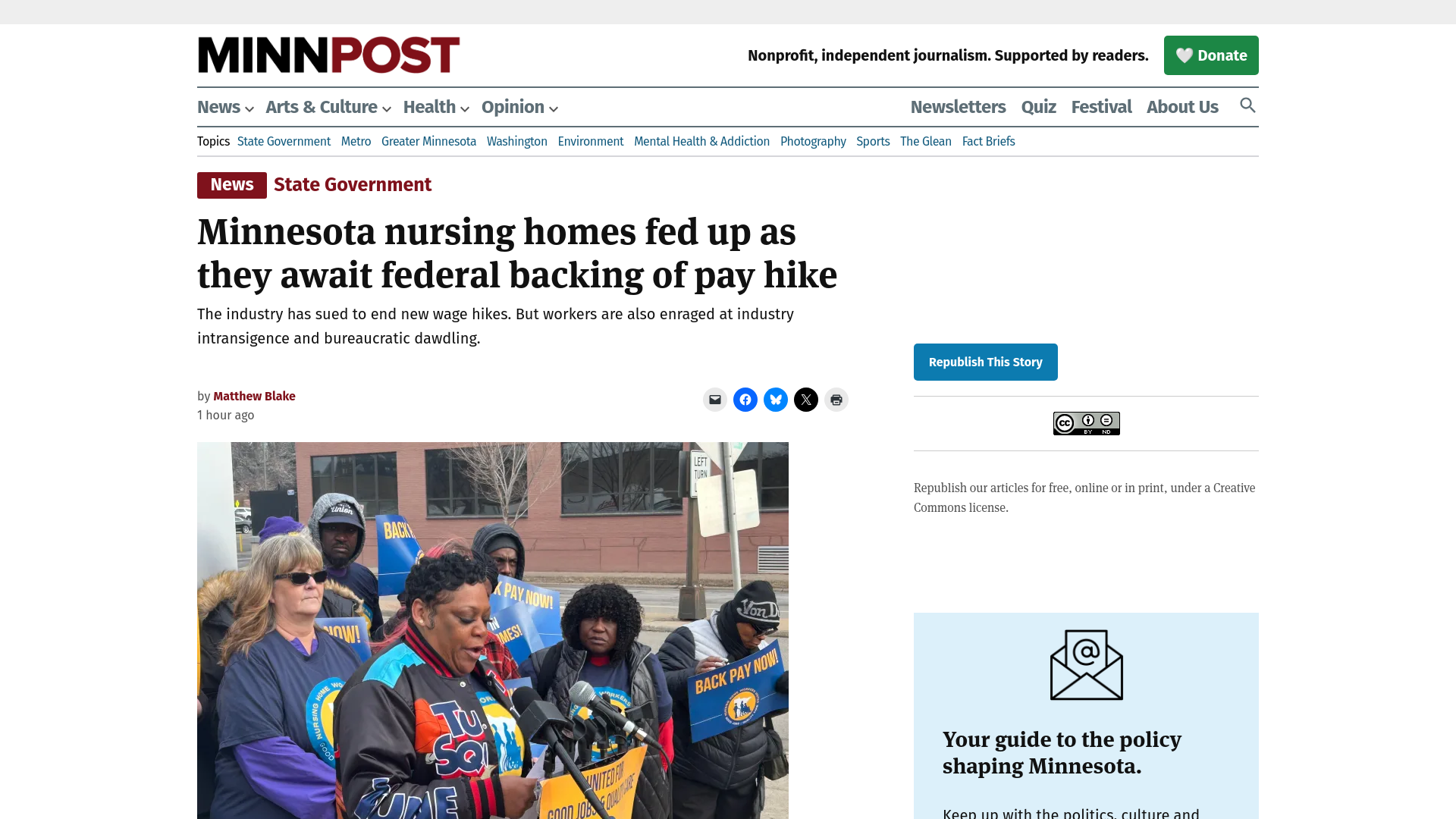 website screenshot of https://www.minnpost.com/state-government/2026/03/minnesota-nursing-homes-fed-up-as-they-await-federal-backing-of-pay-hike/