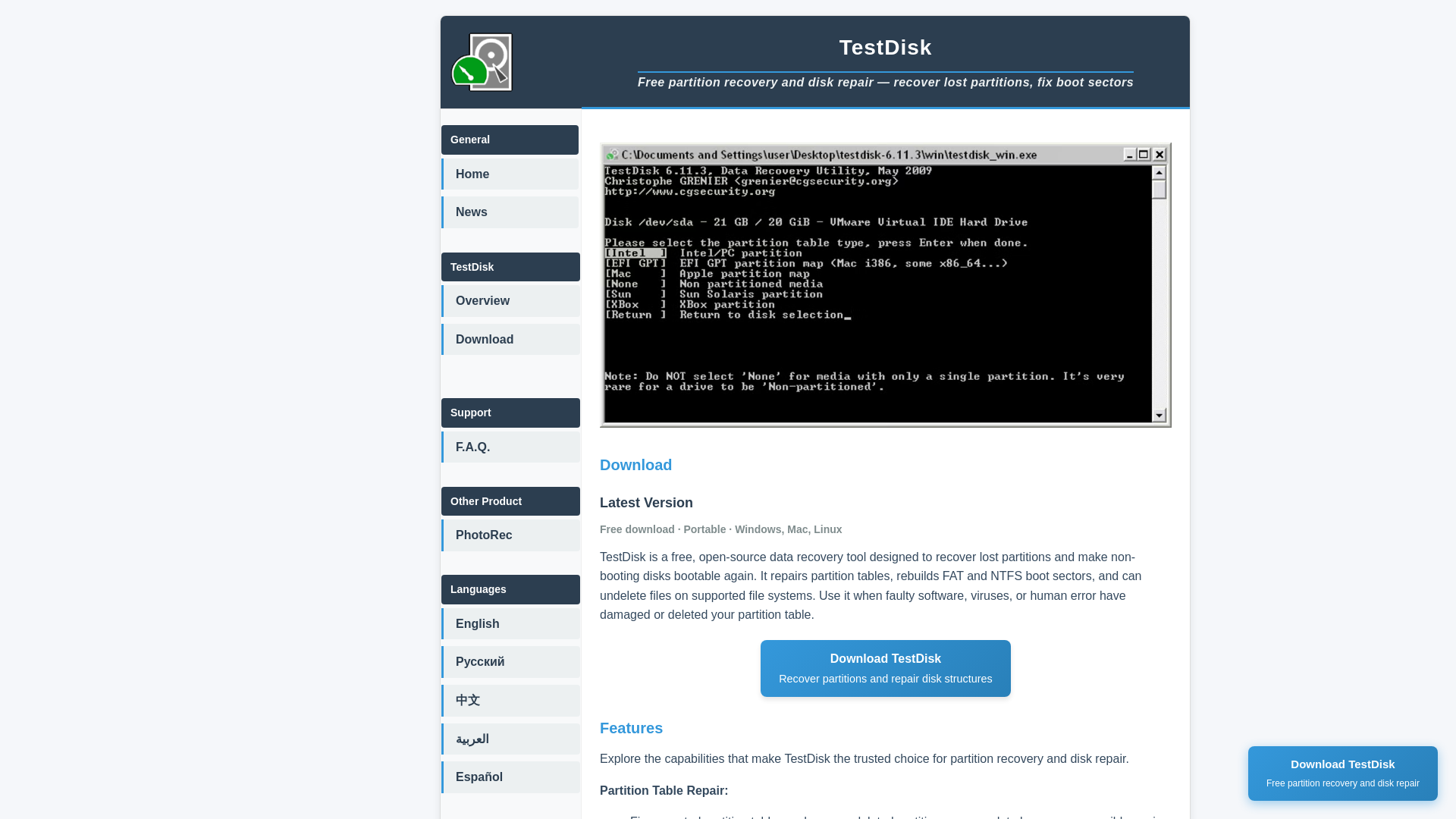 website screenshot of https://testdisk.pro