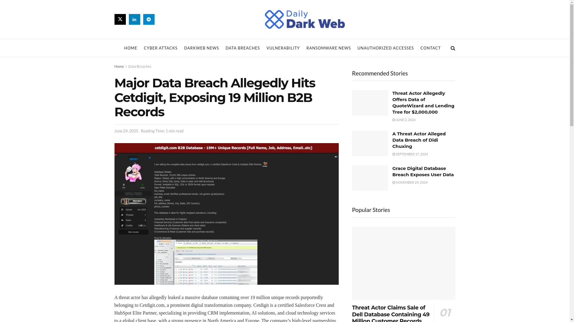 website screenshot of https://dailydarkweb.net/major-data-breach-allegedly-hits-cetdigit-exposing-19-million-b2b-records/
