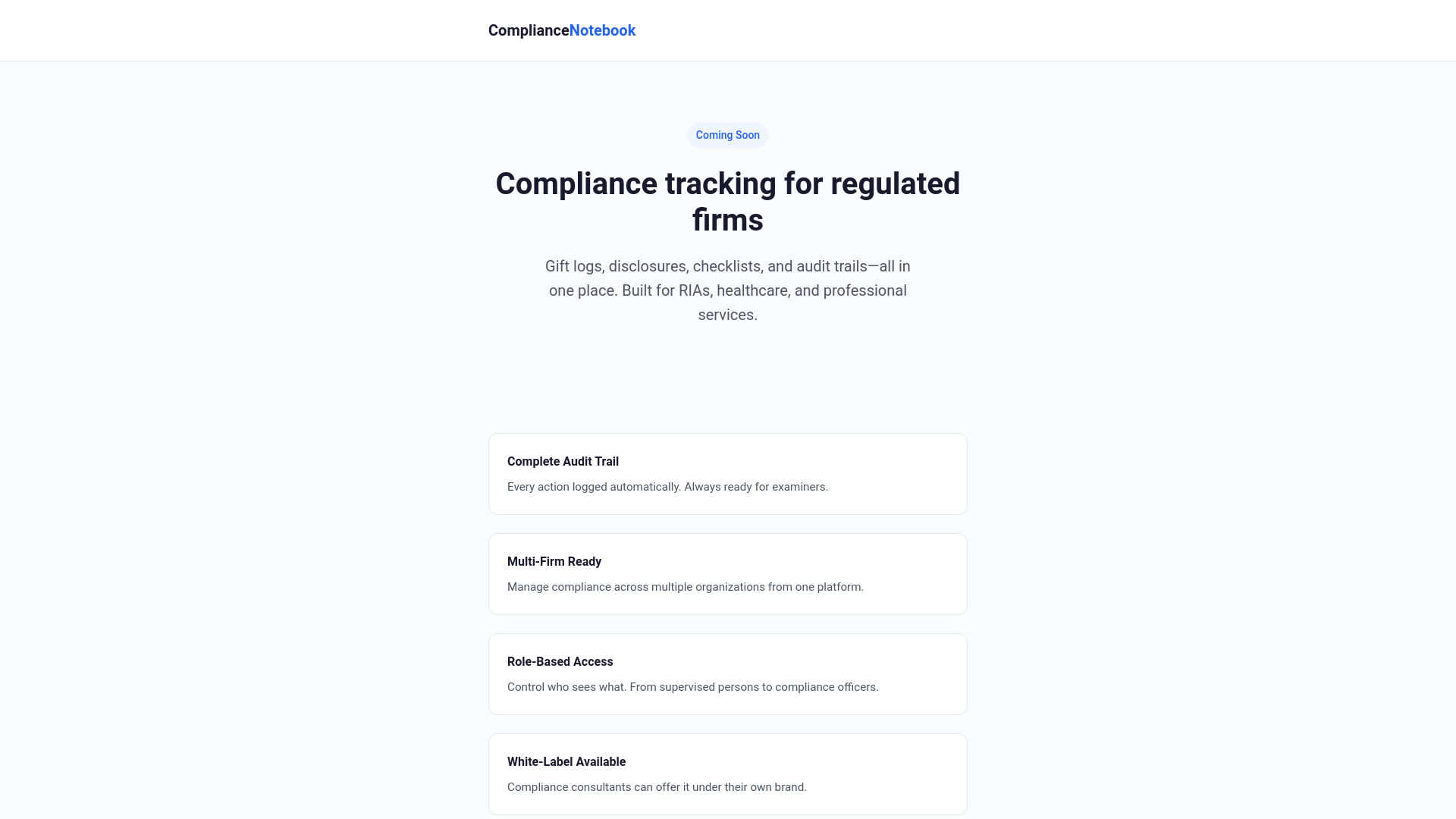 website screenshot of https://compliancenotebook-comingsoon.pages.dev/