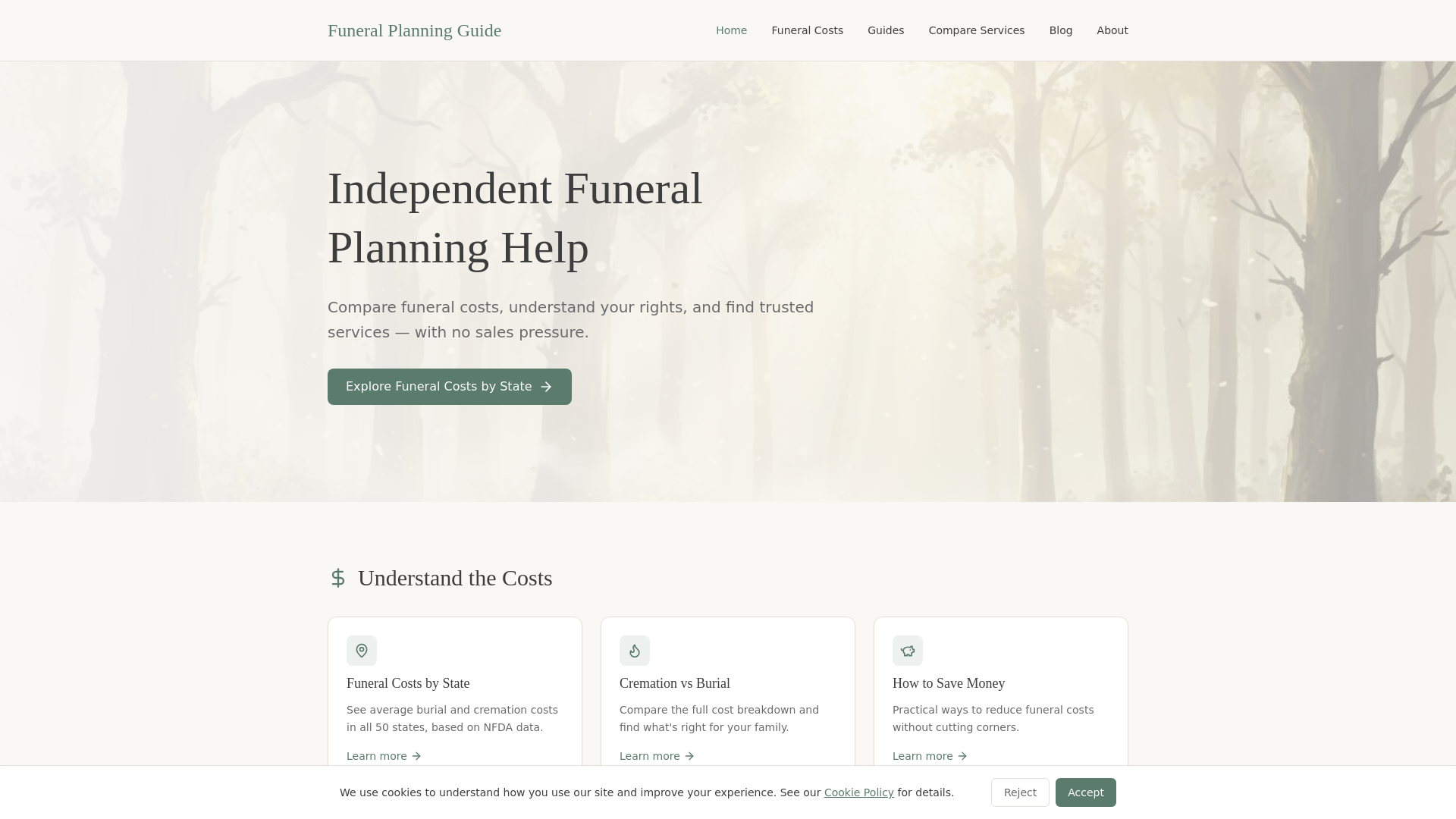 website screenshot of https://funeralcostfinder.com/