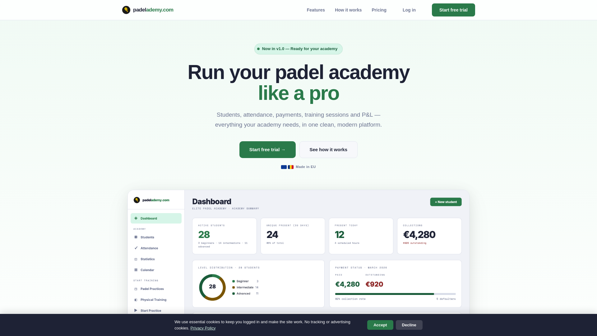website screenshot of https://padelademy.com/