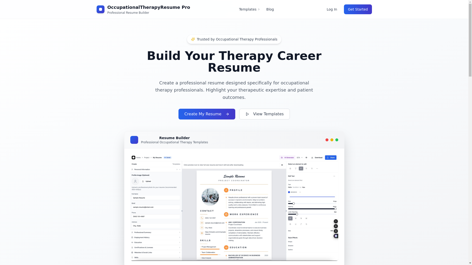 website screenshot of https://occupationaltheraphyresume.com/