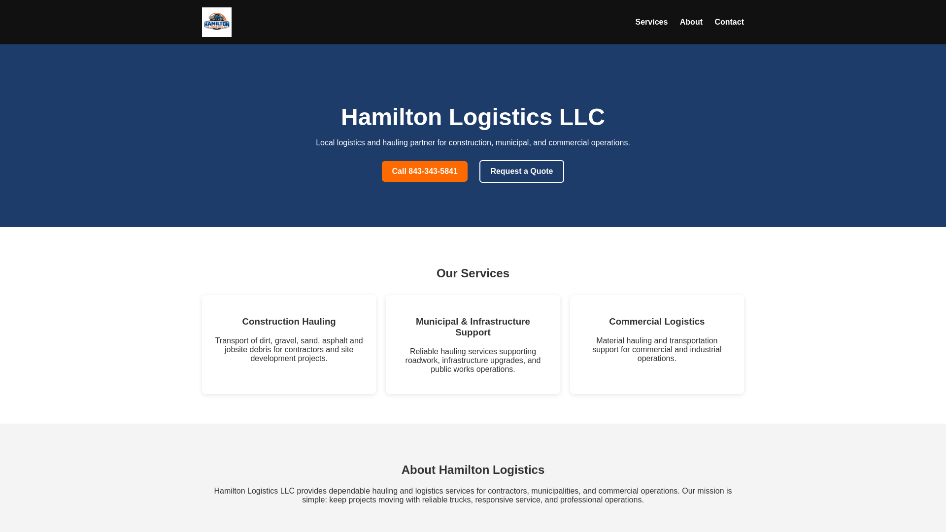 website screenshot of https://hamiltonlogistics01.com/