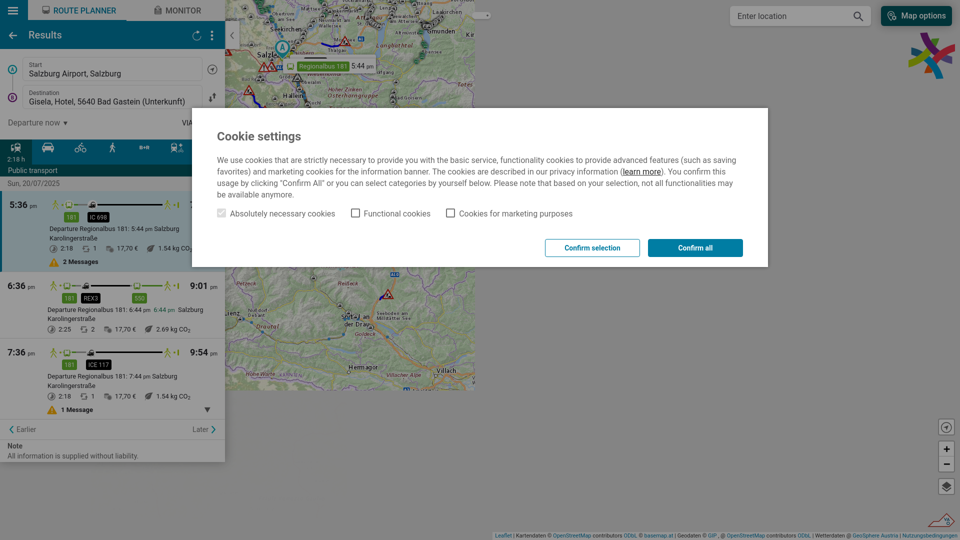 website screenshot of https://fahrplan.salzburg-verkehr.at/?language=en_GB&P=TP&SID=A%3D4%40O%3DSalzburg%20Airport%2C%20Salzburg%40X%3D13003885%40Y%3D47794998%40U%3D130%40L%3D960168486%40B%3D1%40p%3D1752962764%40&ZID=A%3D4%40O%3DGisela%2C%20Hotel%2C%205640%20Bad%20Gastein%20(Unterkunft)%40X%3D13136000%40Y%3D47114245%40U%3D130%40L%3D960109074%40B%3D1%40p%3D1752962764%40&start=yes&widget=1.0.0&