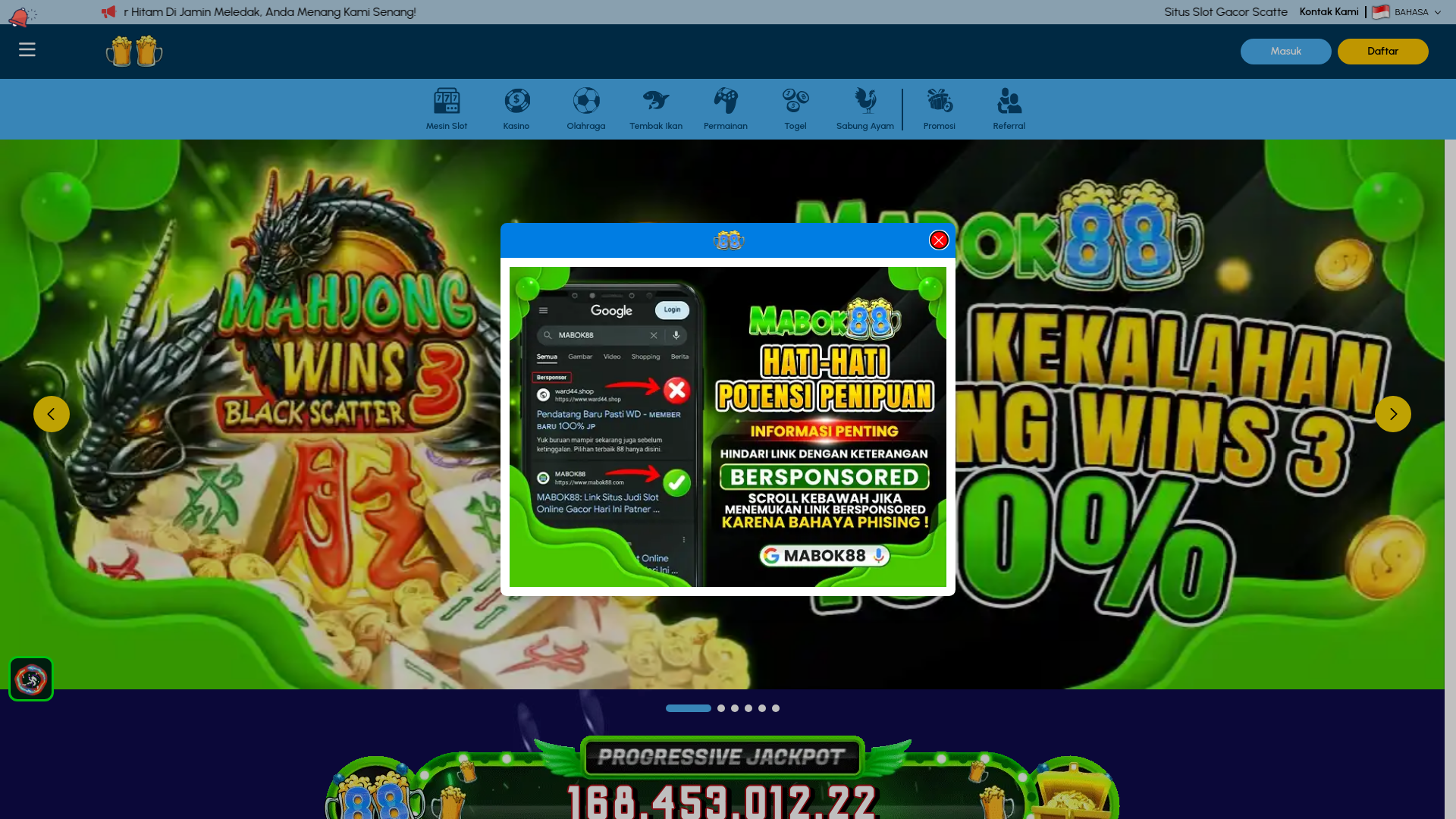 website screenshot of https://mabok88bw.com/