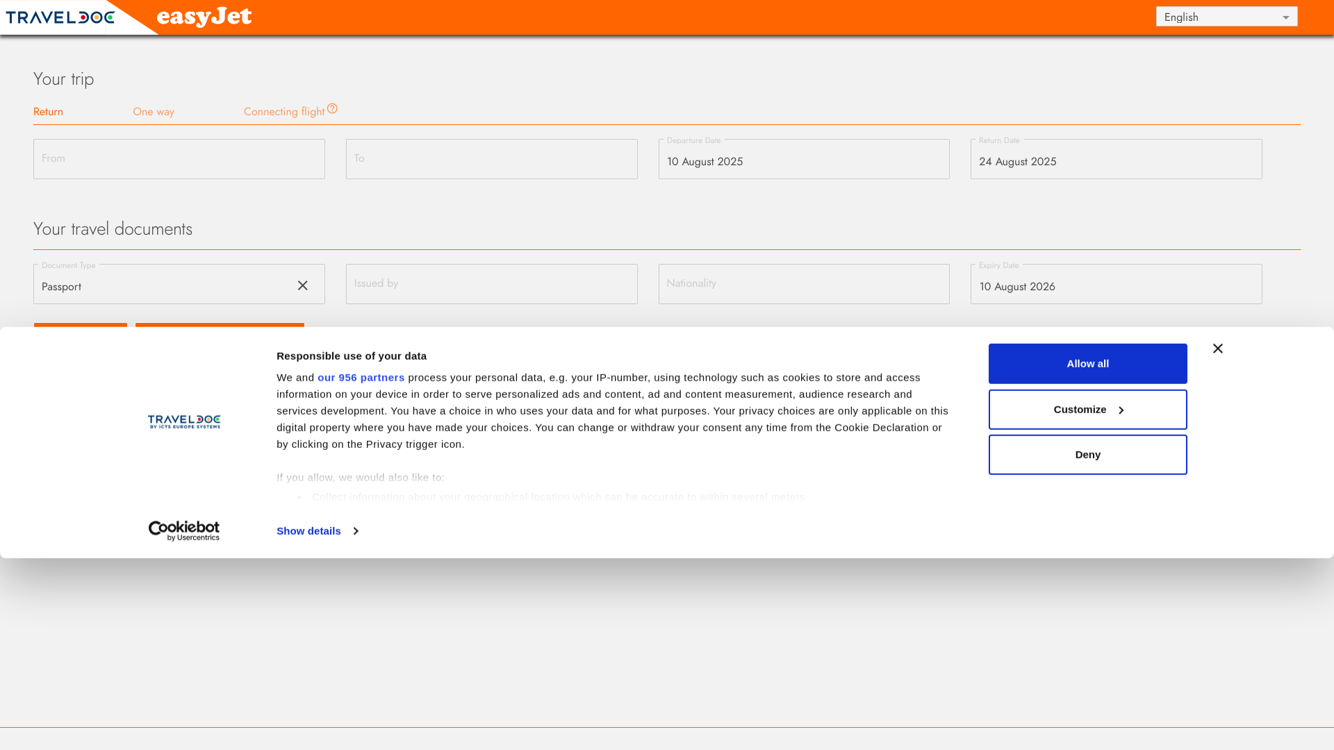 website screenshot of https://easyjet.traveldoc.aero/