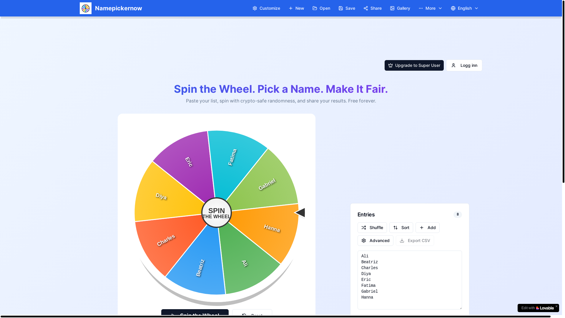 website screenshot of https://namepickernow.com/
