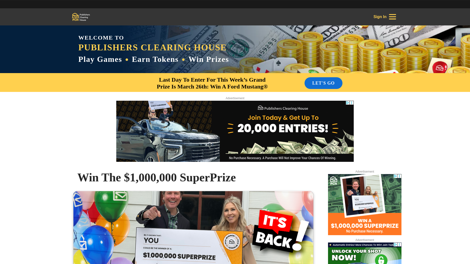 website screenshot of https://www.pch.com