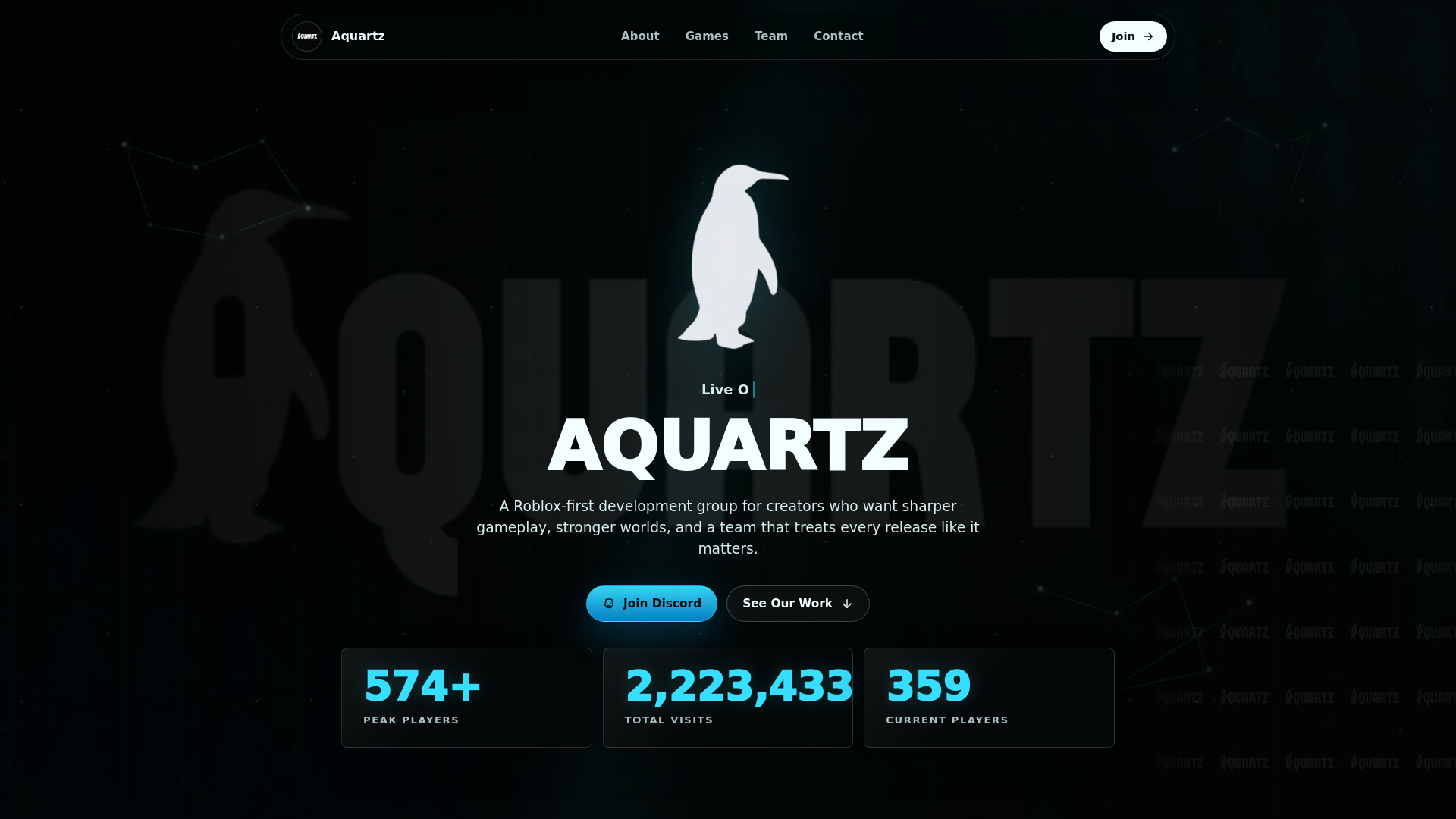 website screenshot of https://aquartzstudios.com/