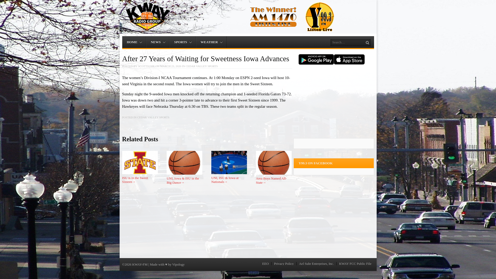 website screenshot of https://kwayradio.com/after-27-years-of-waiting-for-sweetness-iowa-advances/