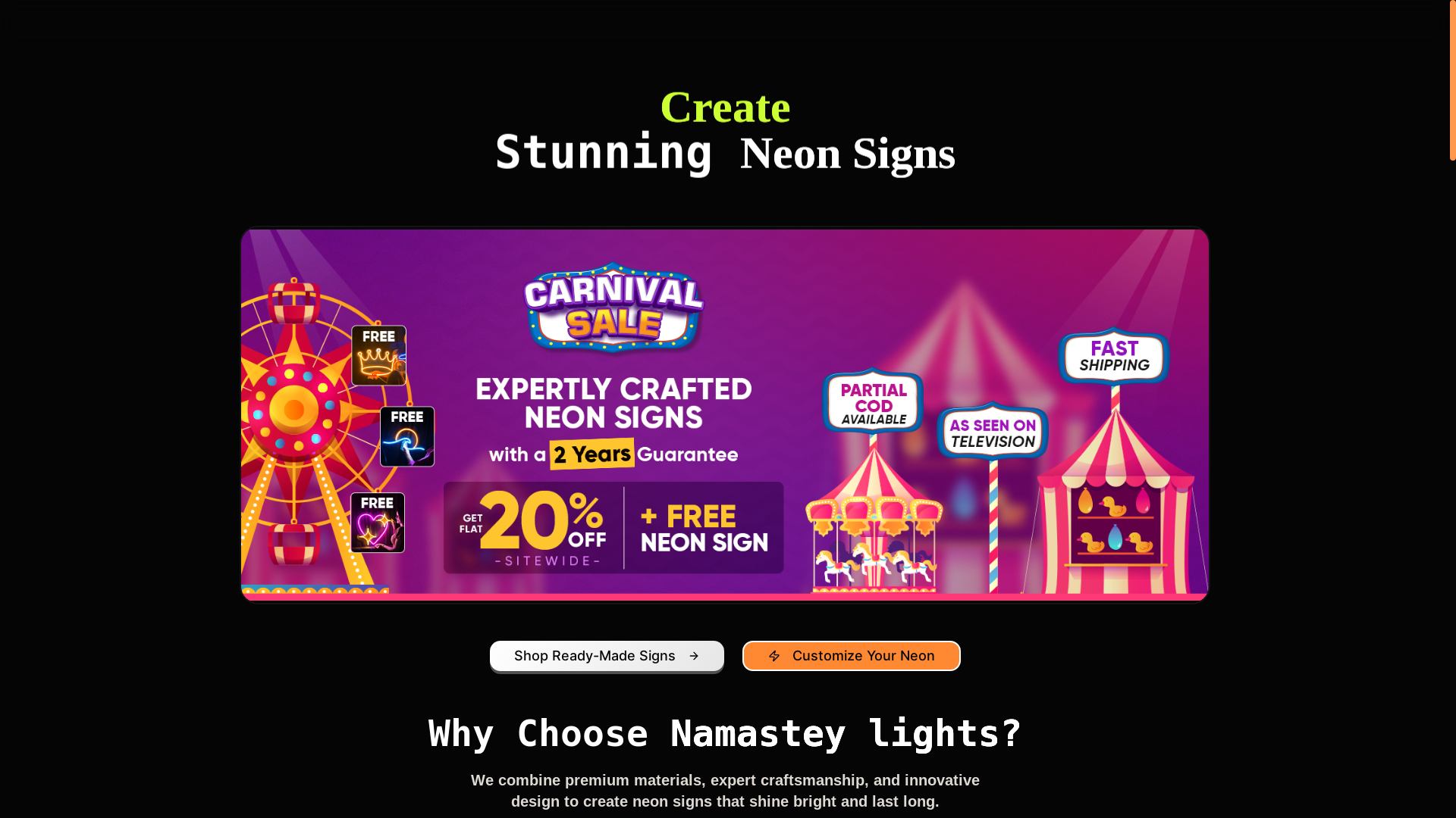 website screenshot of https://namasteylights.in/