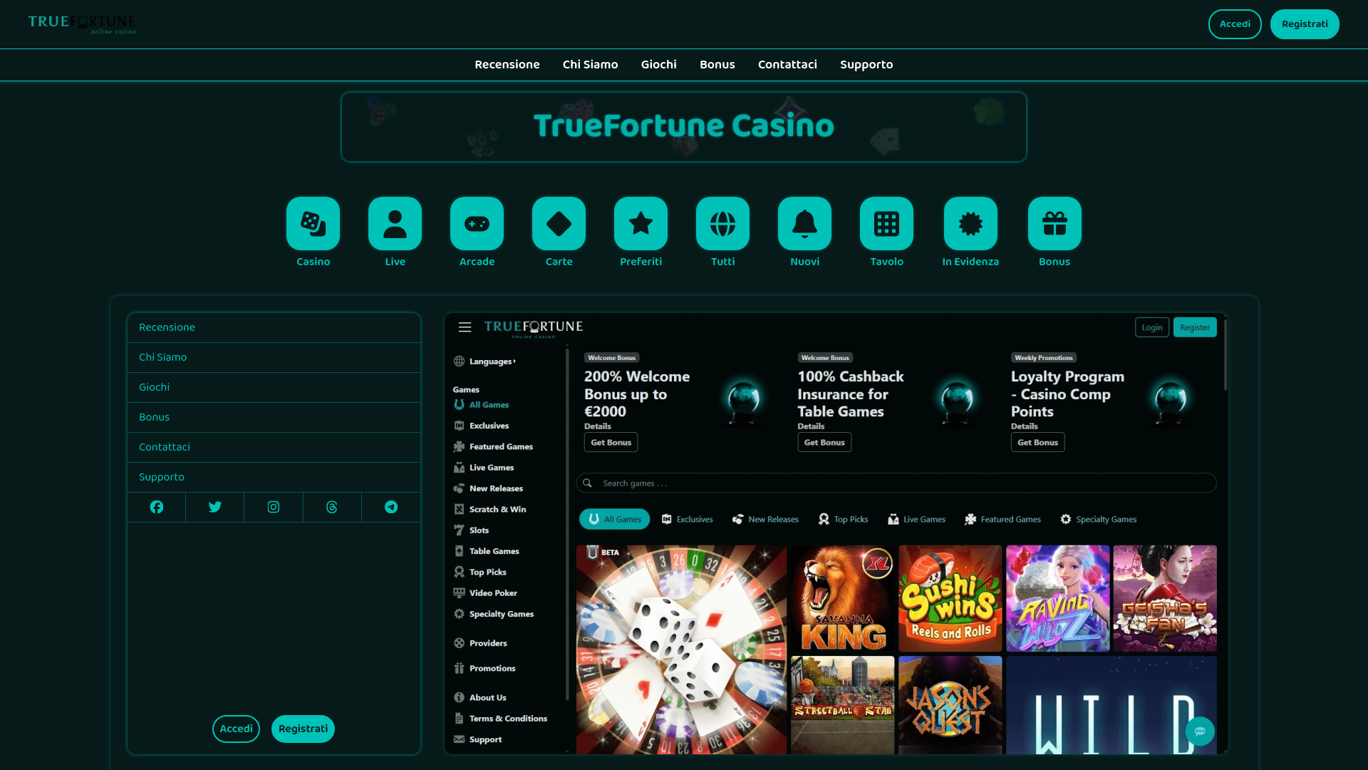 website screenshot of https://truefortunecasinoonline.it/