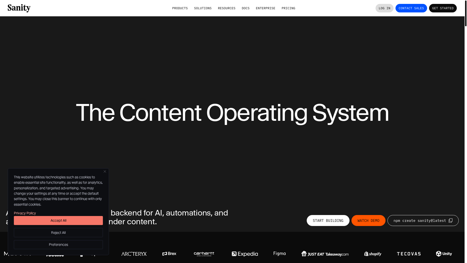 website screenshot of https://sanity.io